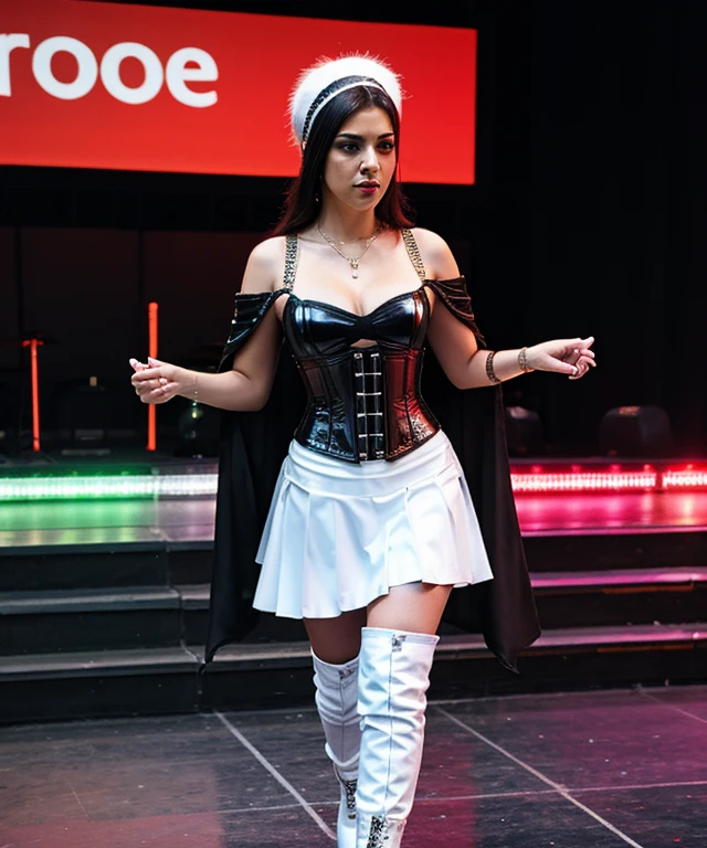 A bass player holding her guitar and dancing onstage. Wearing a high tech outfit, consisting of a metallic corset with white fur trim, and white skirt. White boots. Headband. Wearing a transparent shoulder cape. Cyberpunk style. Latina woman