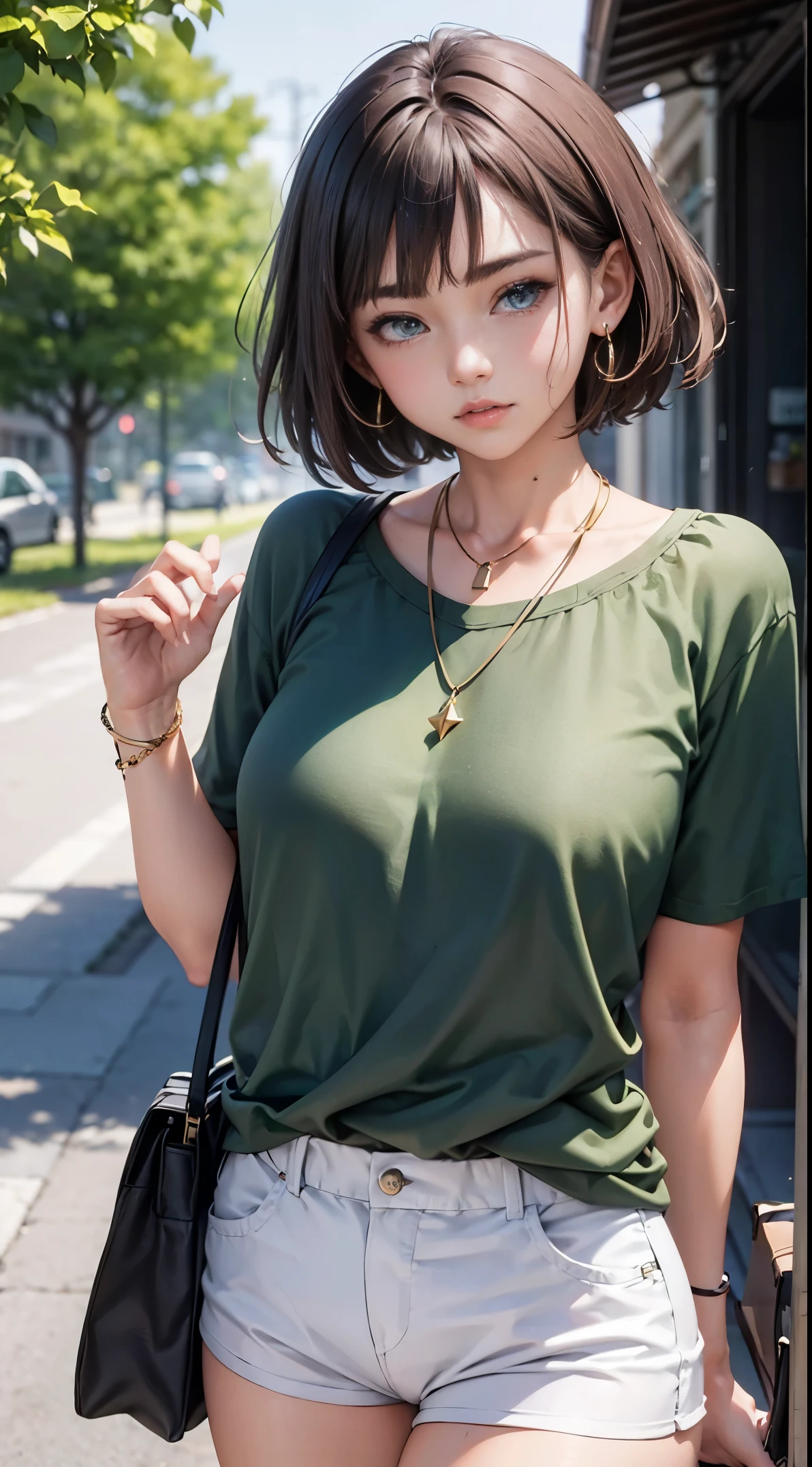 short brown hair, green shirt, white shorts, perfect eyes, depth of field, bag, necklace, earrings