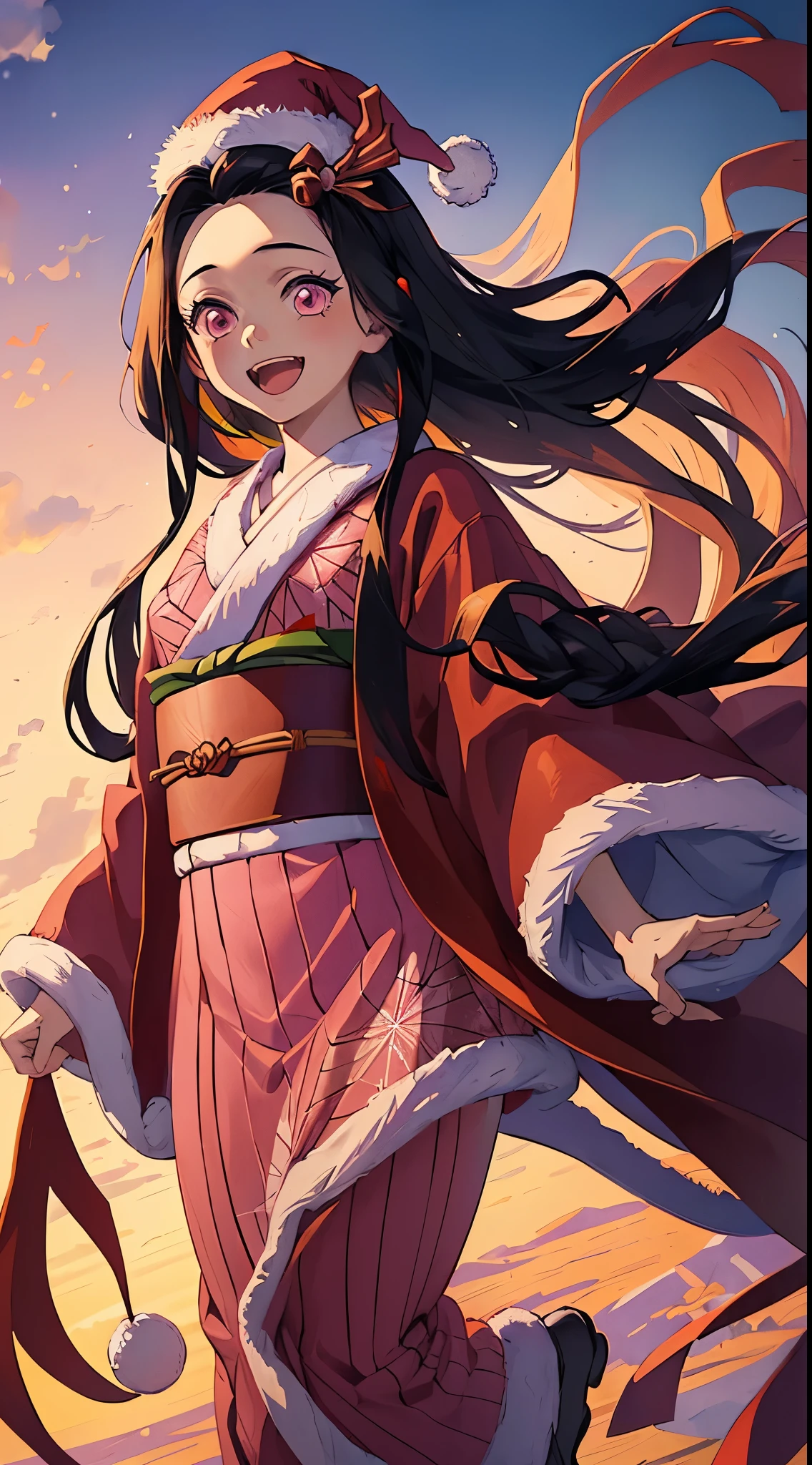 (((masterpiece))), nezuko, 1girl, black hair, forehead, hair ribbon, japanese clothes, kimono, long hair, multicolored hair, open mouth, pink eyes, pink kimono, pink ribbon, ribbon, smile, very long hair, sky, ((winter background, (Santa hat), Christmas party))