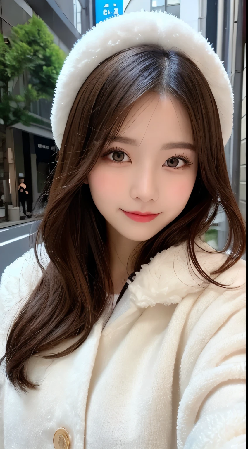 masutepiece, Best Quality, Illustration, Ultra-detailed, finely detail, hight resolution, 8K Wallpaper, Perfect dynamic composition, Beautiful detailed eyes, Gorgeous black fluffy Tokyo winter clothes,random cute hair,small tits,Natural Color Lip, Bold sexy poses,Smile、20 years girl、Cute、Sexy shot looking at camera,Always blur the background,Perfect and beautiful face,Take only the face,beautiful and detailed face、slim face and style,Big eyes、Do gal makeup