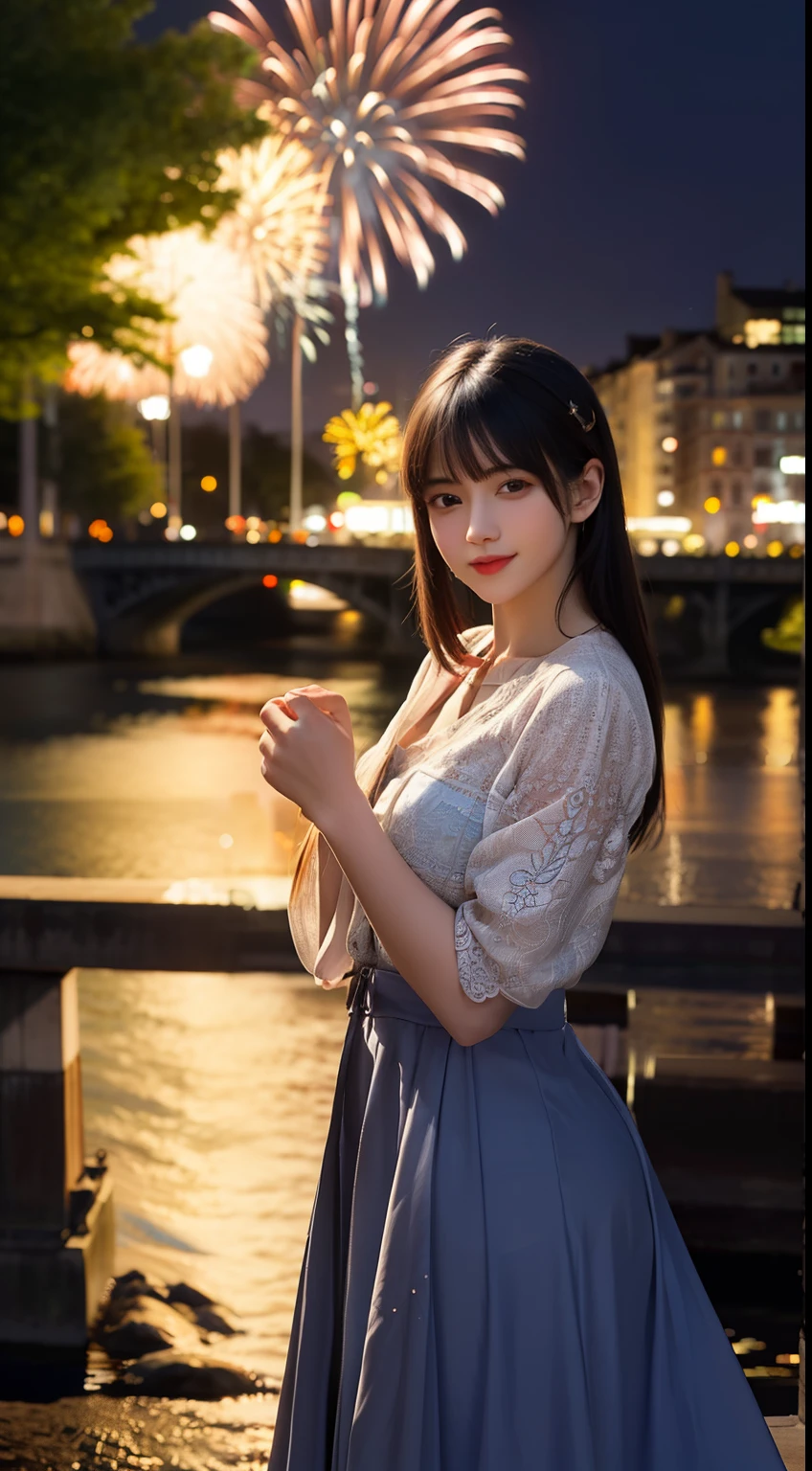 A girl by the riverside, fireworks on the opposite bank, towering buildings, serene waterfront, vibrant evening sky, colorful reflections on the water, bustling cityscape, sparkling lights, narrow pathways, peaceful atmosphere, gentle breeze, gleaming river, radiant city lights, lively waterfront scene, picturesque scenery, twinkling stars, beautiful city skyline, cheerful ambiance, joyful celebrations, charm. (best quality, highres, ultra-detailed), (photorealistic:1.37), vibrant colors, dynamic compositions, intricate details, picturesque illumination, vibrant reflections, captivating atmosphere, lively energy, enchanting surroundings, tranquility, breathtaking sights.