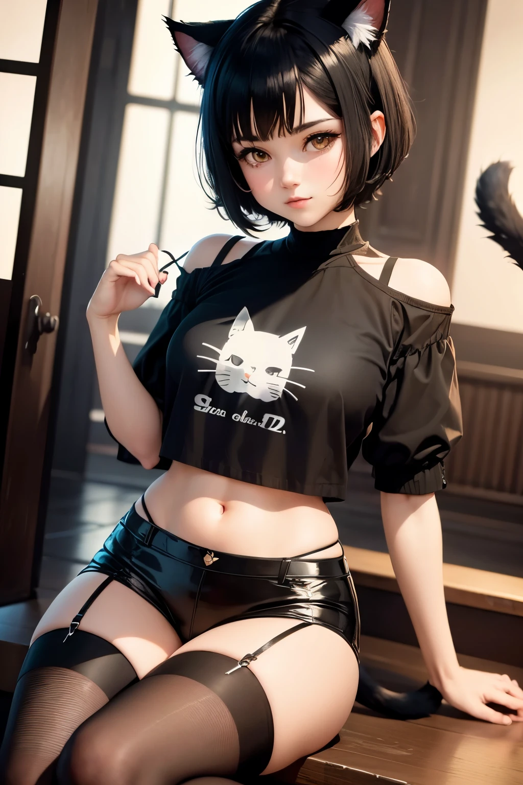 cute girl, Short black hair, Cat ears, cat tail,