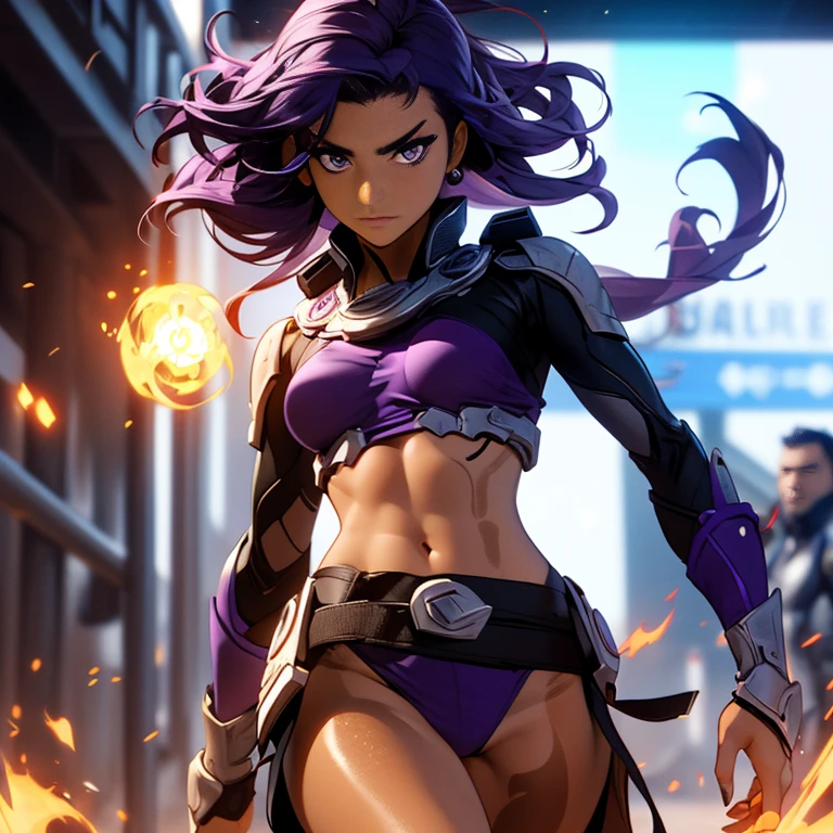 fighting, #1girl:(diving from sky, purple fire powers, tan skin tone, eyes glowing with power, dark_purple hair, hot figure,sexy, beautiful), elegant