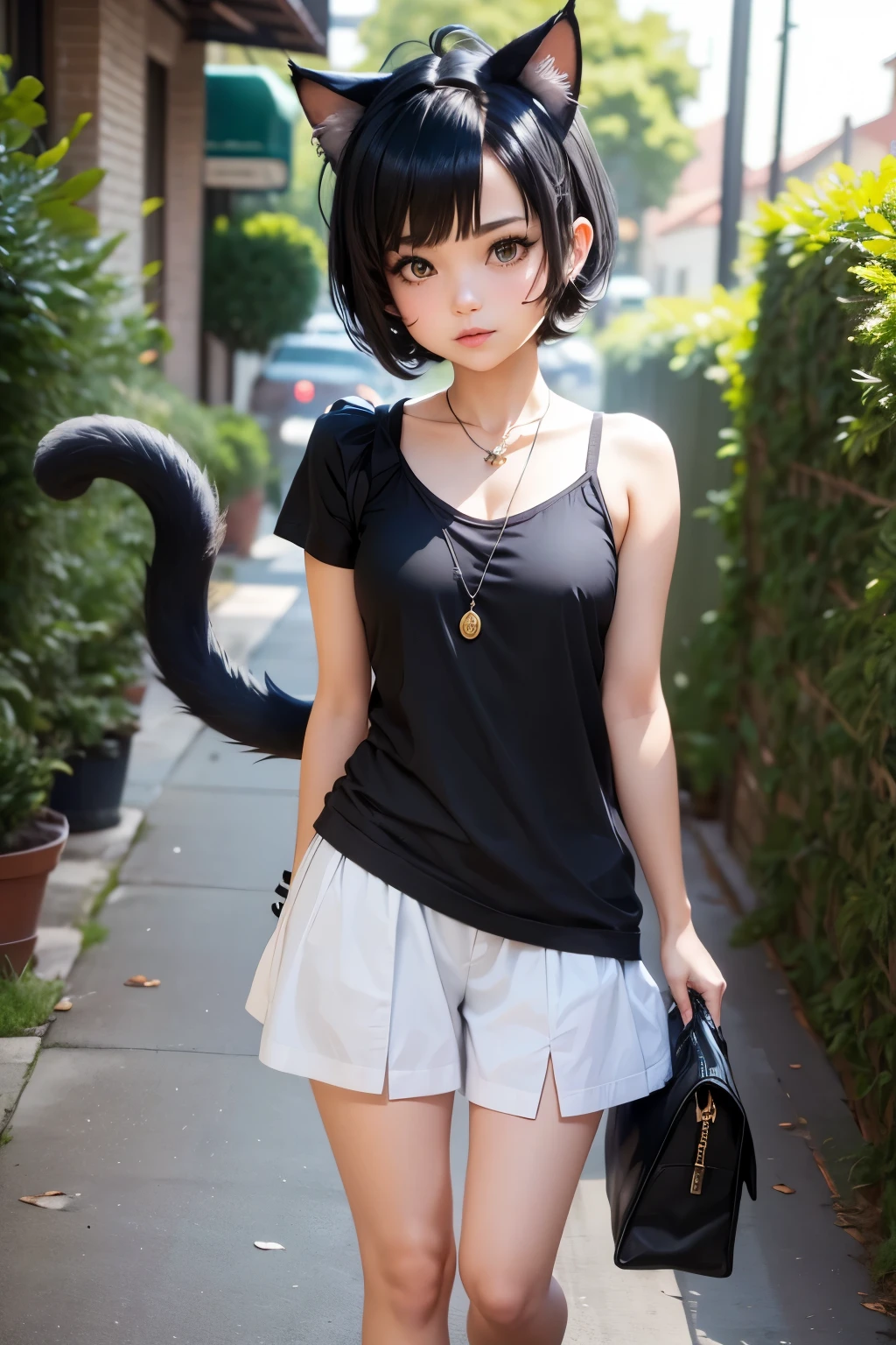 cute girl, Short black hair, Cat ears, cat tail,