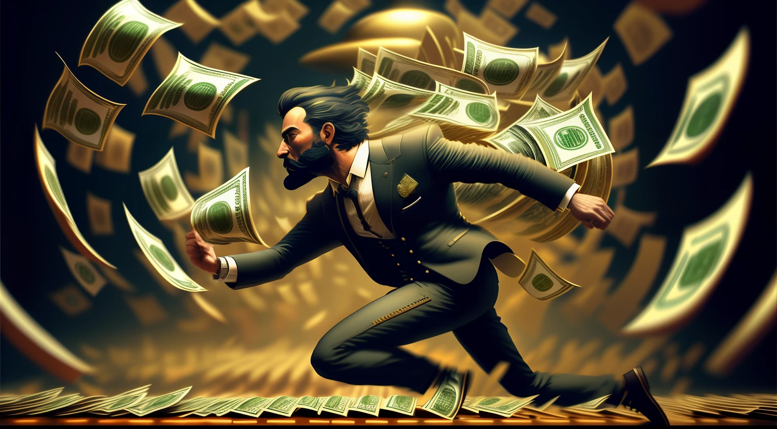 A man running behind money,  cinematic  wide shot , highly detailed