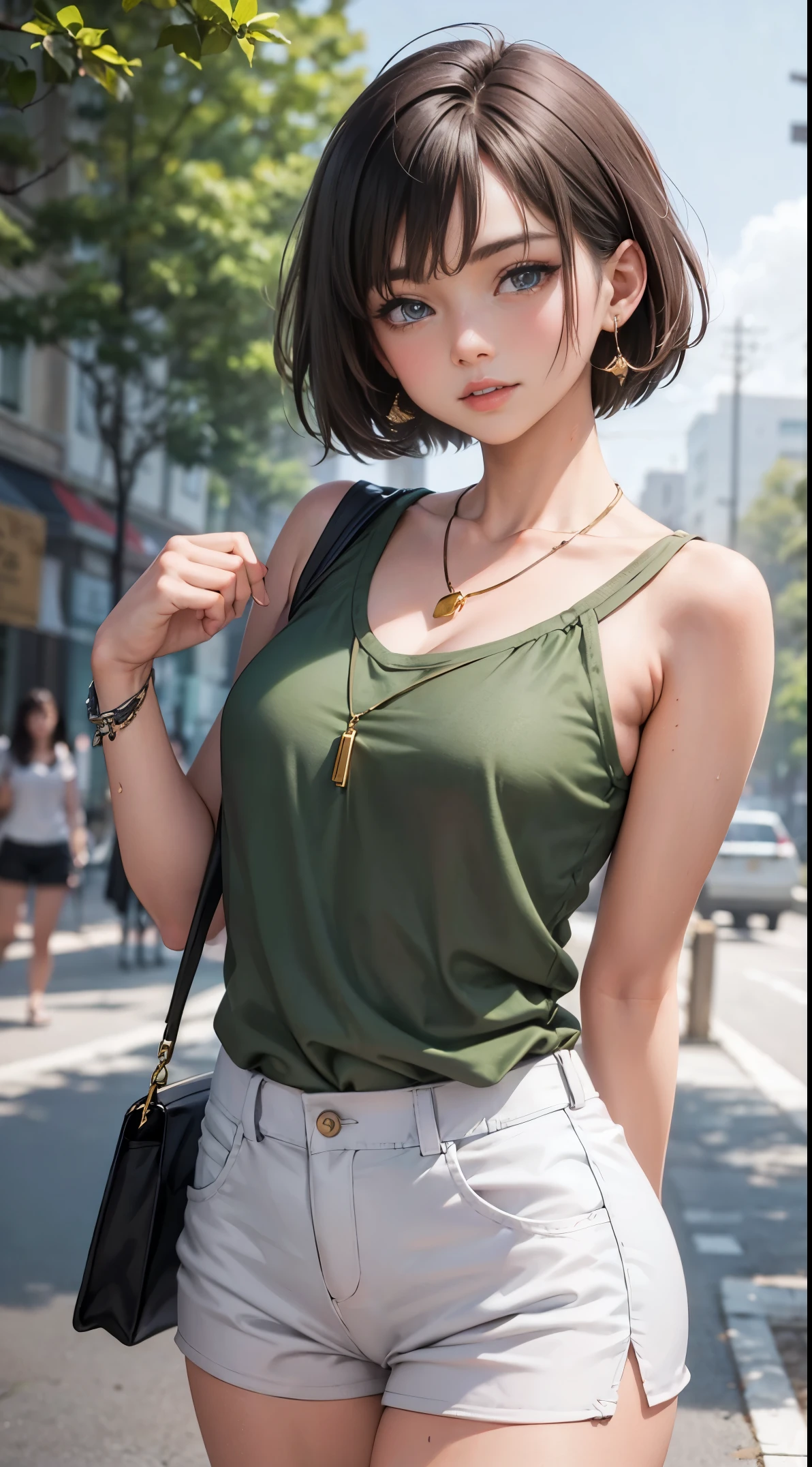 short brown hair, green shirt, white shorts, perfect eyes, depth of field, sling bag, necklace, earrings