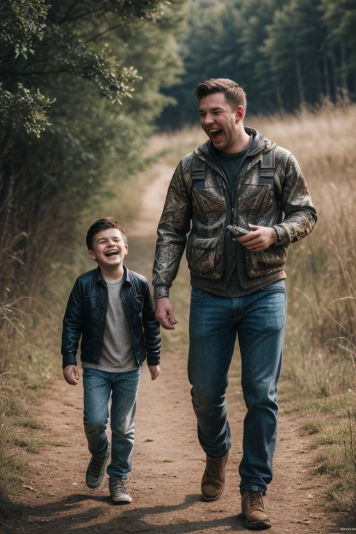 Dad and 22yo son go hunting, Laughing face, intricate, (masterpiece, Representative work, official art, Professional, unity 8k wallpaper:1.3)