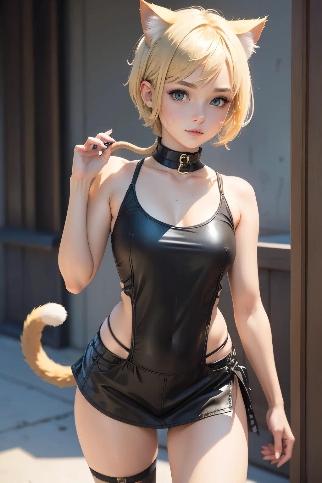 cute girl, Short blonde hair, Cat ears, cat tail,
