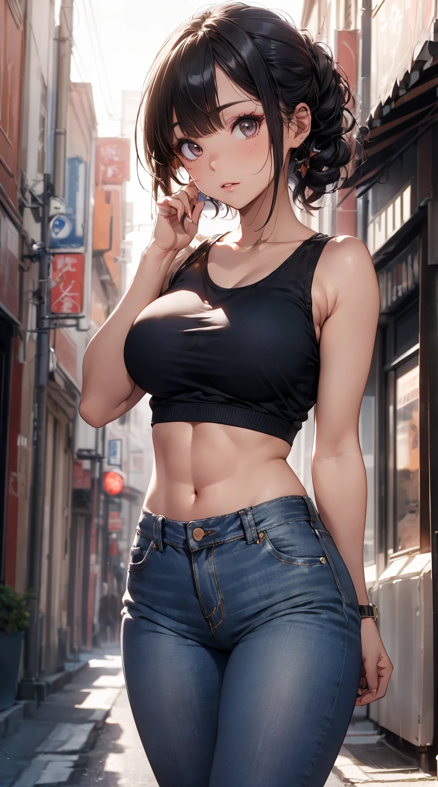 (Best quality, 8k, Masterpiece :1.3), (realistic, photorealistic: 1.37), (1girl), (Pretty woman in her 20s), (slim), (emphasizing slender abs :1.3), (Japanese), (tight tank top and tight jean shorts that accentuate her big breasts and thighs), (random pose), (random hairstyle), (large breasts :1.3), (outdoors), (Ultra-detailed face), (Detailed eyes), (Double eyelids), (eyeshadow intensifyinany eyelashes), (long legs), (professional lighting), (photon mapping), (radiosity), (looking directly at viewer)