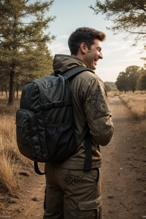 22yo son hunting with his father, Hunting clothing, backpack, Laughing face, intricate, (masterpiece, Representative work, official art, Professional, unity 8k wallpaper:1.3)