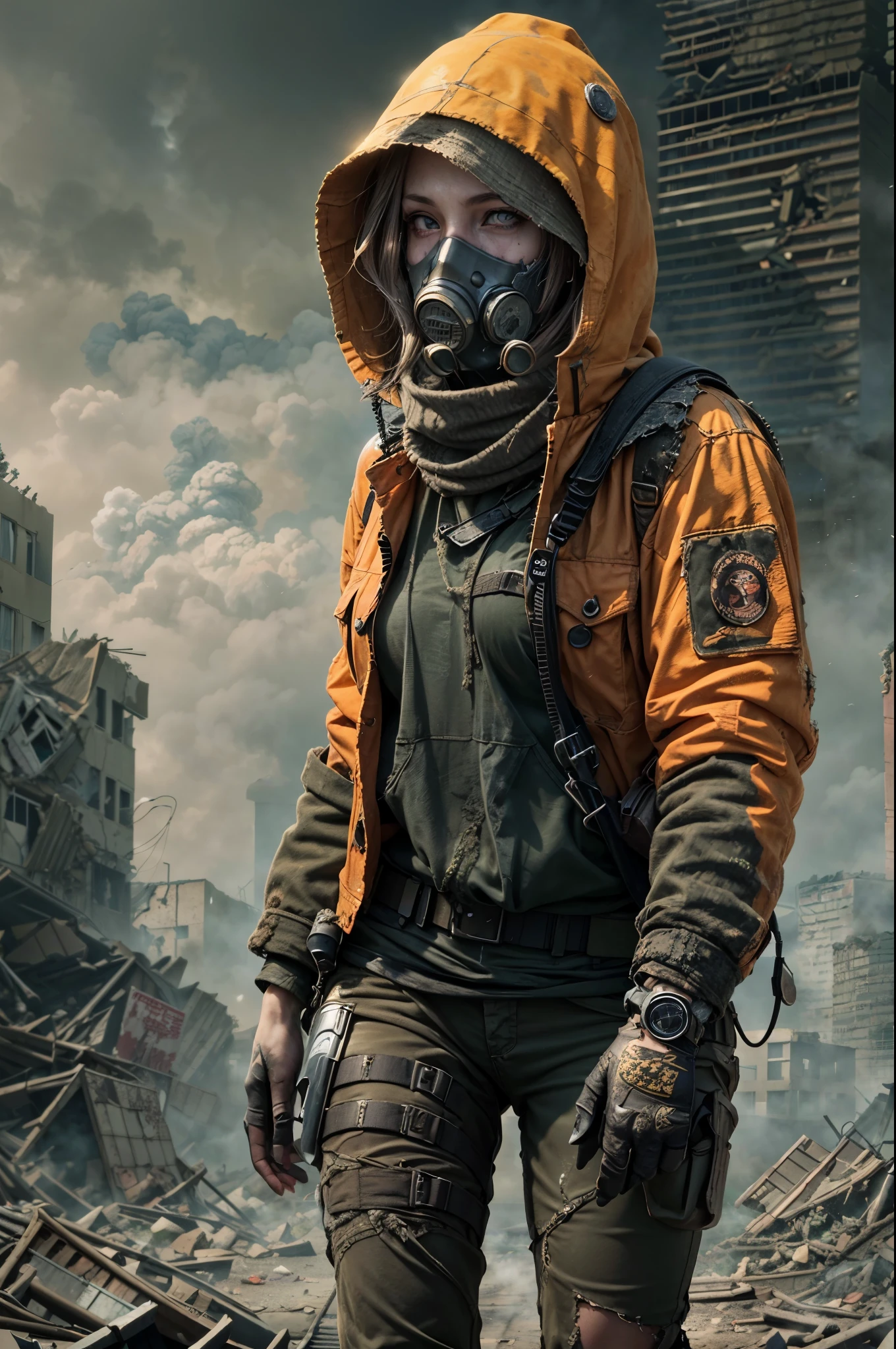 Realistic, photorealistic,masterpiece, best quality, high resolution, rich details, 8k, extreme light and shadow, image of a beautiful young woman wearing tactical gear, dirty and dusty , walking down a desolated street in a collapsed city, post apocalypse, smoke and fog in the air, BREAK yellow gray sky covered with toxic cloud, collapsed building, broken street, tall body, detailed face, detailed eye, cold face, dirty, (post apocalypse theme),