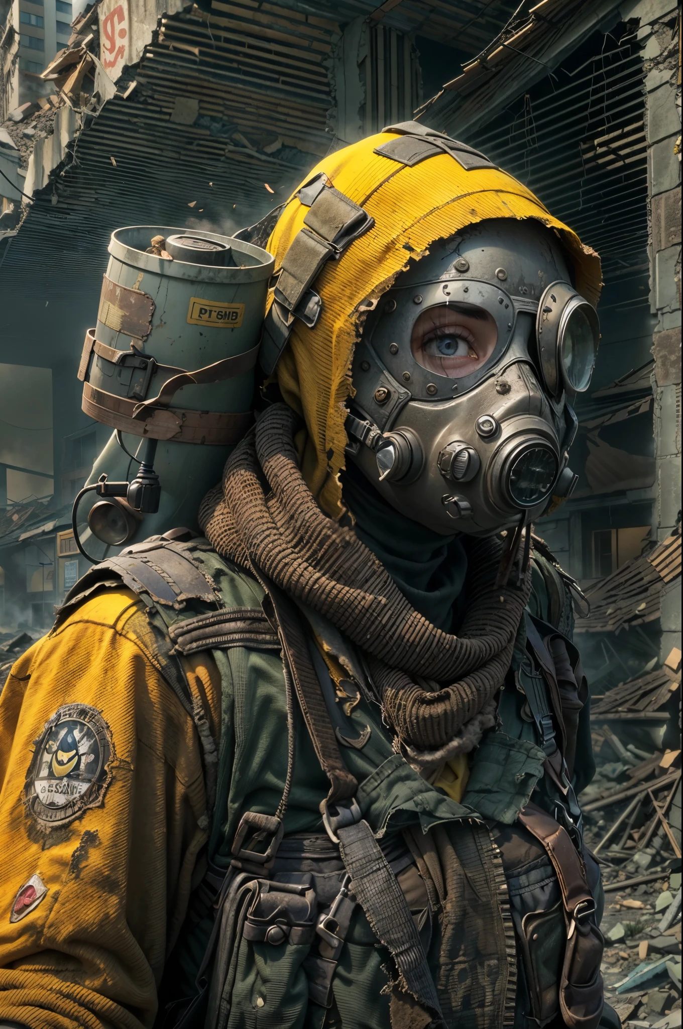 Realistic, photorealistic,masterpiece, best quality, high resolution, rich details, 8k, extreme light and shadow, image of a beautiful young woman wearing tactical gear, dirty and dusty , walking down a desolated street in a collapsed city, post apocalypse, smoke and fog in the air, BREAK yellow gray sky covered with toxic cloud, collapsed building, broken street, tall body, detailed face, detailed eye, cold face, dirty, (post apocalypse theme),