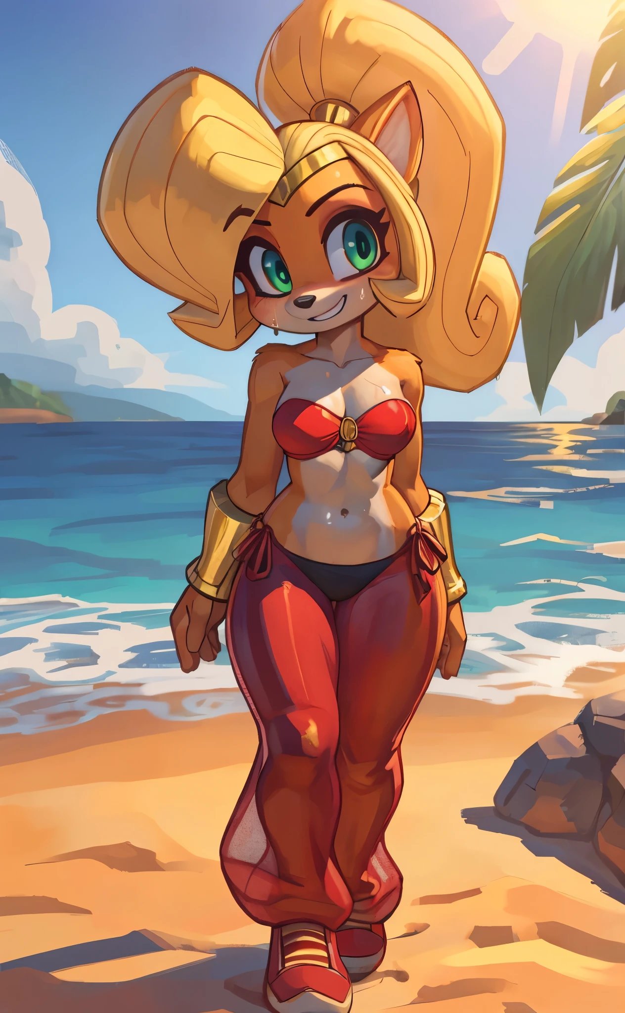 [Coco bandicoot], [shantae], [Uploaded to e621.net; (Pixelsketcher), (wamudraws)], ((masterpiece)), ((HD)), ((solo portrait)), ((full body)), ((front view)), ((feet visible)), ((furry; anthro)), ((detailed fur)), ((detailed shading)), ((beautiful render art)), ((intricate details)), {anthro; orange fur, black nose, (cute green eyes), (short eyelashes), (pink eyeshadow), (long blonde curly hair), (curly ponytail), (curvy hips), (beautiful legs), (blushing), (sweat on forehead), (cute nervous grin), (surprised expression)}, {(red strapless bandeau), (gold o-ring on bra), (navel), (red harem pants), (black panties), (transparent leggings), (red shoes), (gold bracers), (gold crown), (gold scrunchy)}, {(standing), (looking at viewer)}, [background; (tropical forest), (beach), (lighthouse), (beautiful ocean), (blue sky), (sun rays), (ambient lighting)]