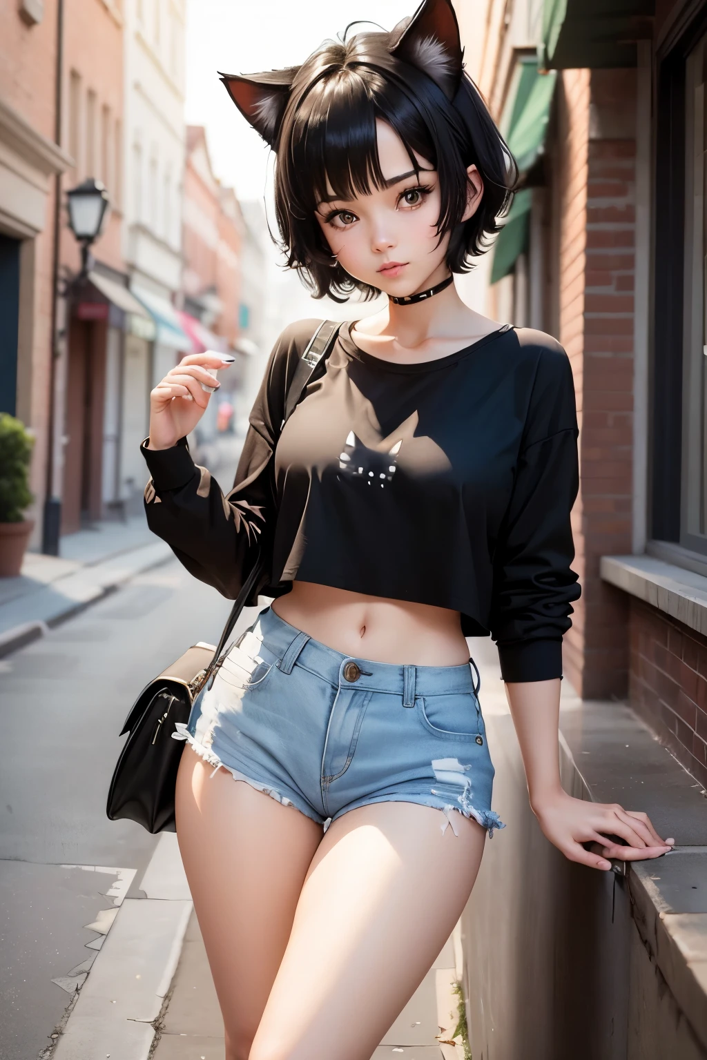 cute girl, Short black hair, Cat ears, cat tail,