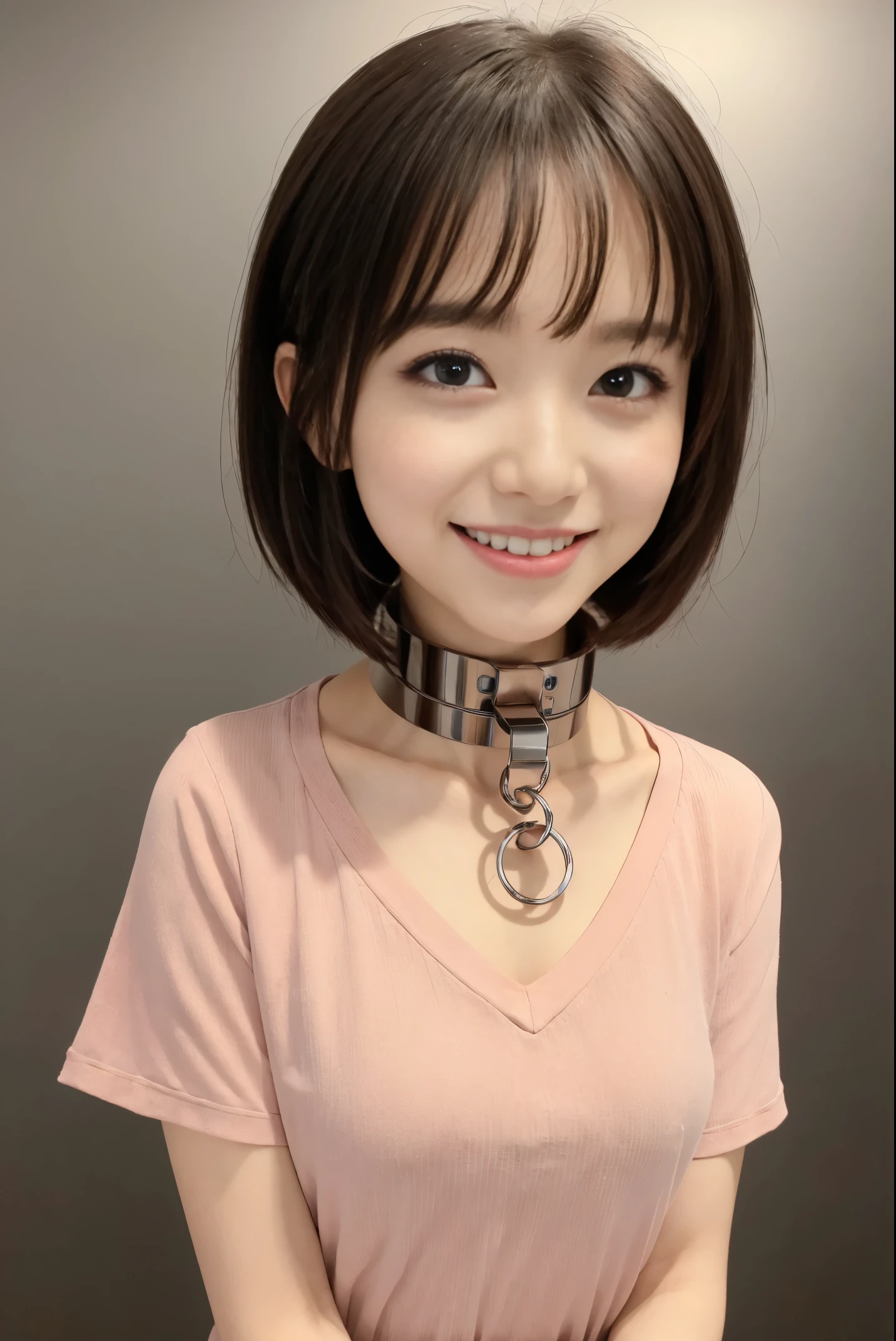 (8K, An ultra-high picture quality,top-quality),(​masterpiece:1.5),face,looking at viewer,(simple background),femele,short sleeved shirt,((Iron collar)),((short hair))red blush,a smile