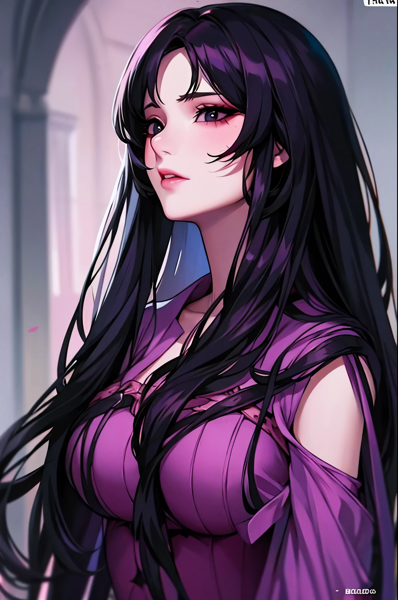 A pretty girl,pale skin,cupid lips,black eyes,long wavy black hair,wearing lilac dress,look mad,look at viewers,upper body,HD,comic,manwha,anime,historical fantasy world,kingdom,villain,princess