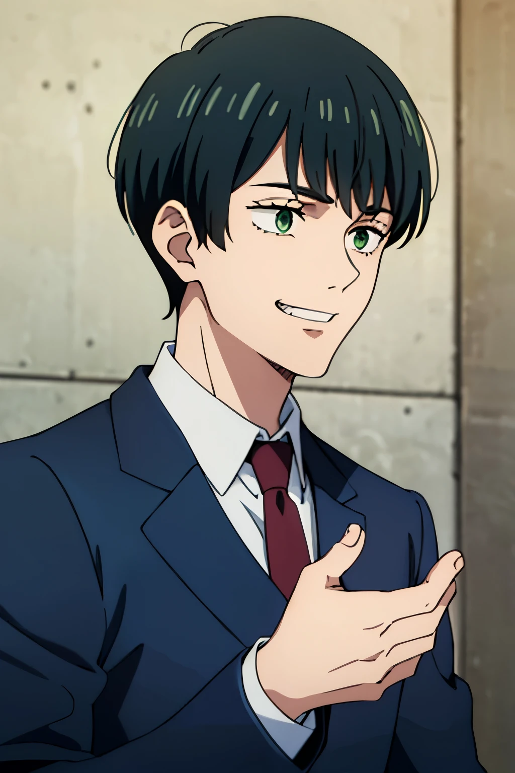 1boy, solo, black hair, green eyes, short haircut, bobcut, bob hair, messy bangs, blue suit, red necktie, grin, long sleeves