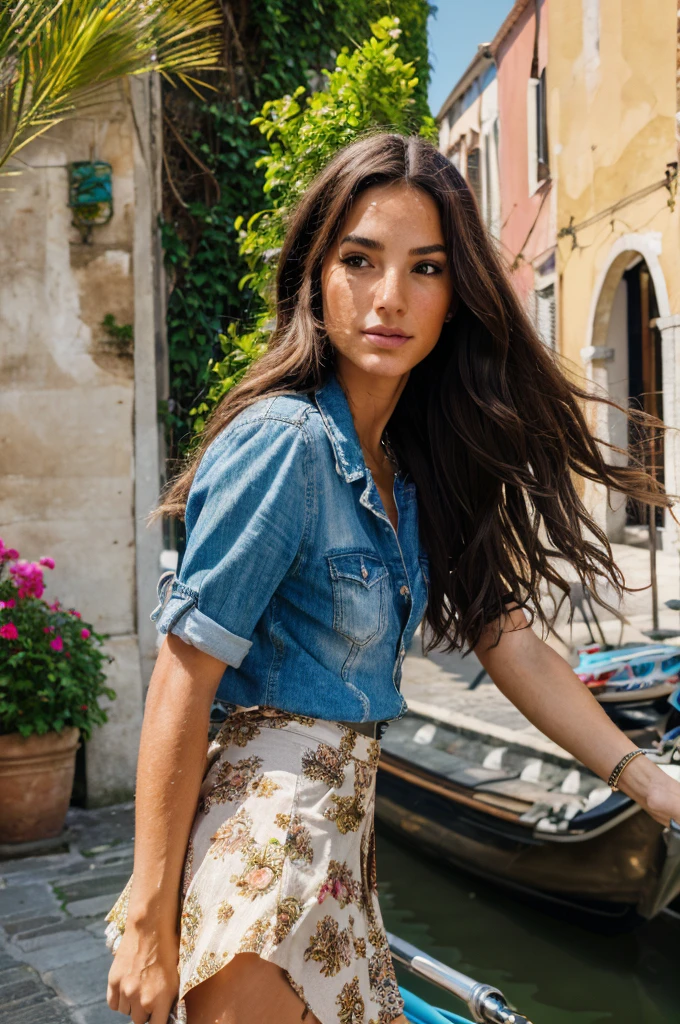 (best quality,4k,8k,highres,masterpiece:1.2),ultra-detailed,(realistic,photorealistic,photo-realistic:1.37),1 girl,long wavy hair,dark brown eyes,nature,top,short skirt,street,Italy,illustration,textures,shadows,colors,venice canals,flowers,bicycle,water reflections,bridge,architecture,sunlight,graffiti art,painting style,vivid colors,lively atmosphere,romantic,summer vibes