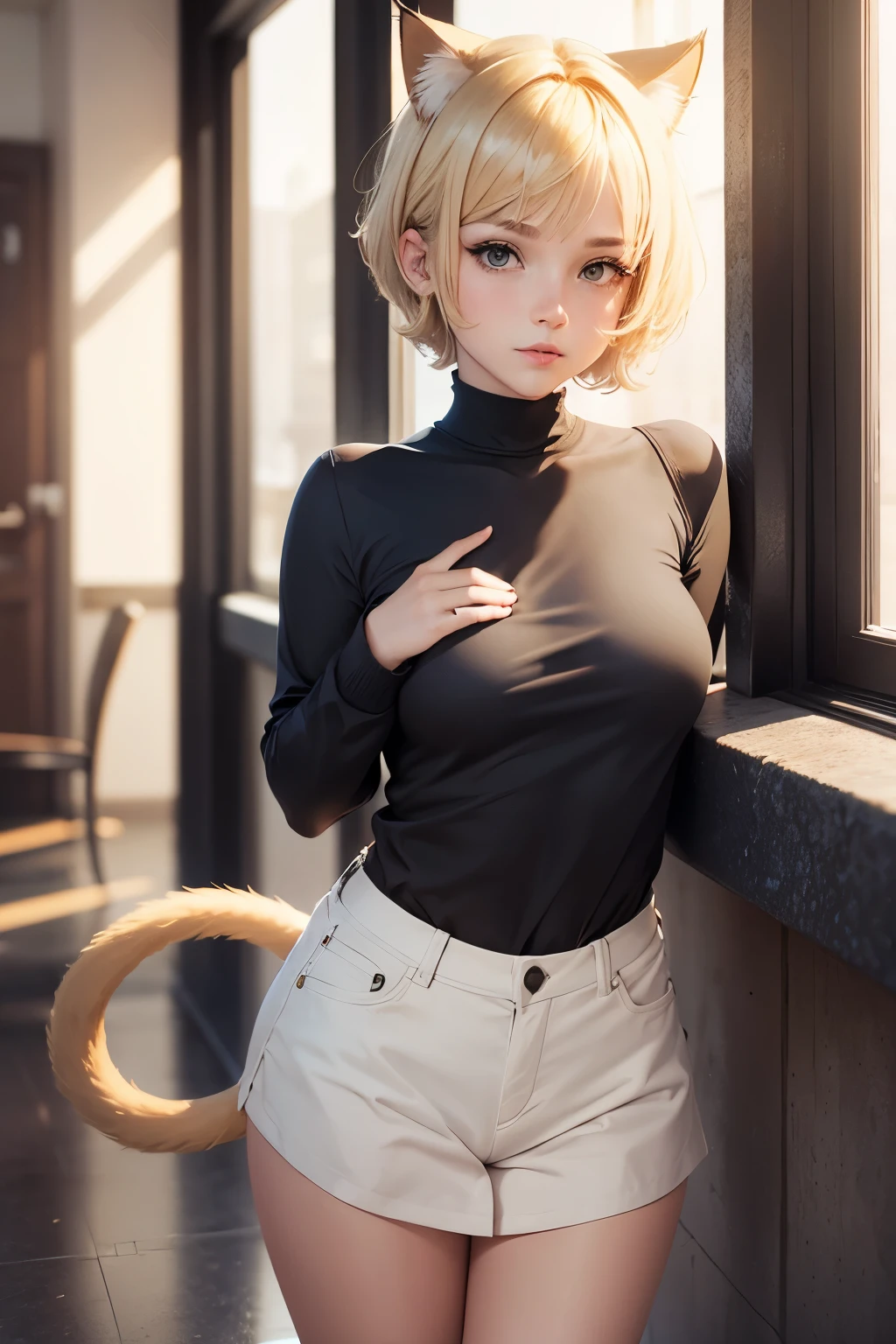 cute girl, Short blonde hair, Cat ears, cat tail,