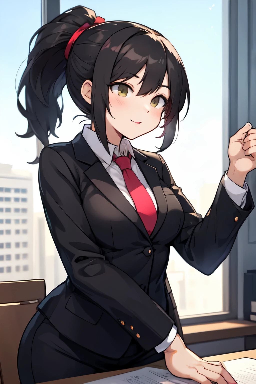 Asian women , ponytail hair , black office coat , red tie , Black office squirt