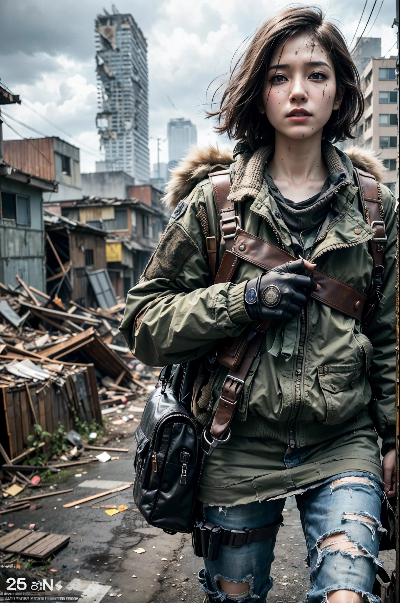 masterpiece, best quality, high resolution, rich details, 8k, extreme light and shadow, image of a beautiful young woman wearing tactical gear, dirty and dusty , walking down a desolated street in a collapsed city, post apocalypse, smoke and fog in the air, BREAK yellow gray sky covered with toxic cloud, collapsed building, broken street, tall body, detailed face, detailed eye, cold face, dirty, (post apocalypse theme),