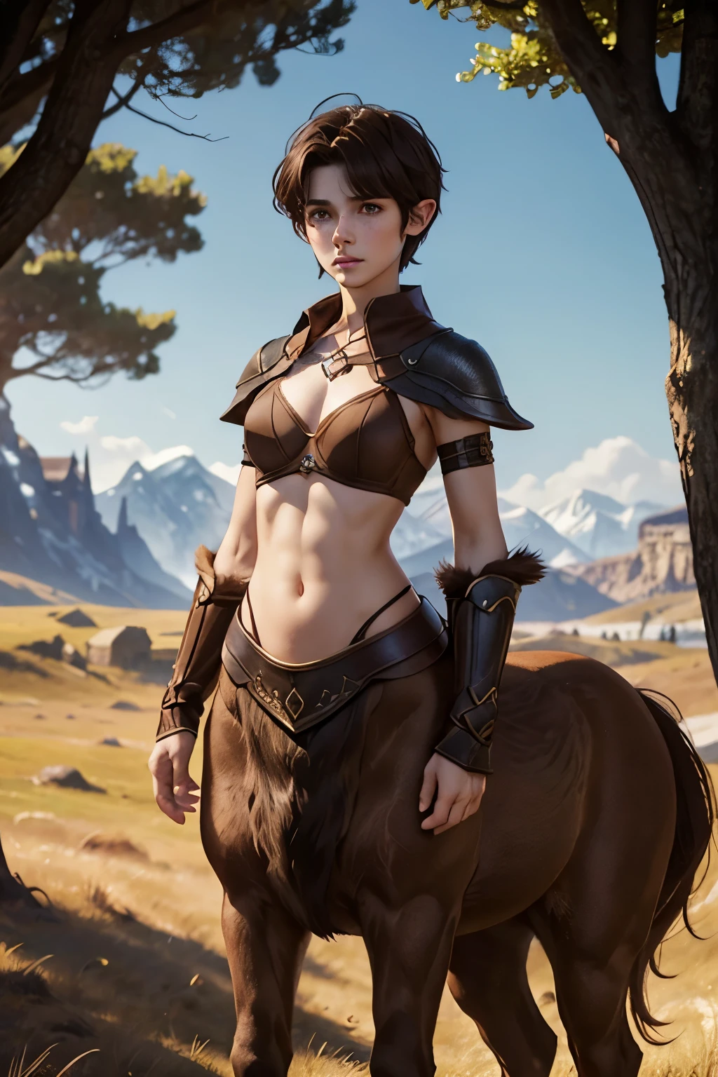 A young androgynous female centaur. Fantasy setting. Very short hair. Short manly haircut. Dark-brown hair with a undercut. Very pale skin with freckles and liverspots. Round soft face. Round soft chin. Round soft cheeks. Curved lips. Long wide nose. Dark brown eyecolour. Upturned eyes. Very thin barely visible eyebrows. Long neck. Slim. Small chest. Centaur under body. Brown fur. Looking kind and friendly. Tomboyish. Wearing a black medieval fantasy bra. In An open field. Its winter but the sun is shining. Blue sky.