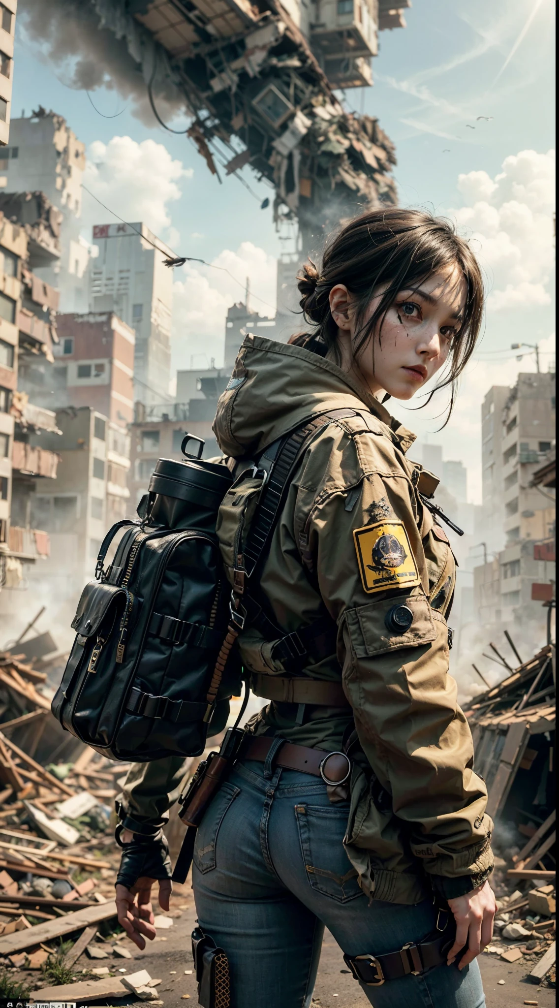 masterpiece, best quality, high resolution, rich details, 8k, extreme light and shadow, image of a beautiful young woman wearing yellow tactical gear, dirty and dusty , walking down a desolated street in a collapsed city, post apocalypse, smoke and fog in the air, BREAK yellow gray sky covered with toxic cloud, collapsed building, broken street, tall body, detailed face, detailed eye, cold face, dirty, (post apocalypse theme),