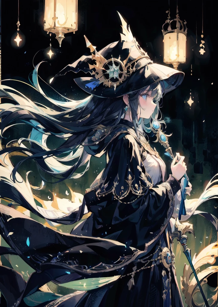 Wizard woman using "night" powers, dark tone background, profile, soft smile, floating hair, large staff, slightly vintage style, graphic design, low saturation, cinematic lighting, total darkness, pitch dark,