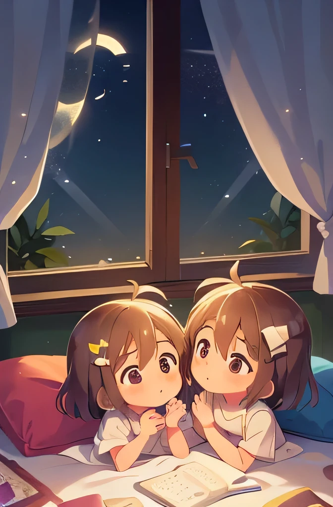 you see two sweet angels in your room, room, soft light, you see through the window the starry sky
