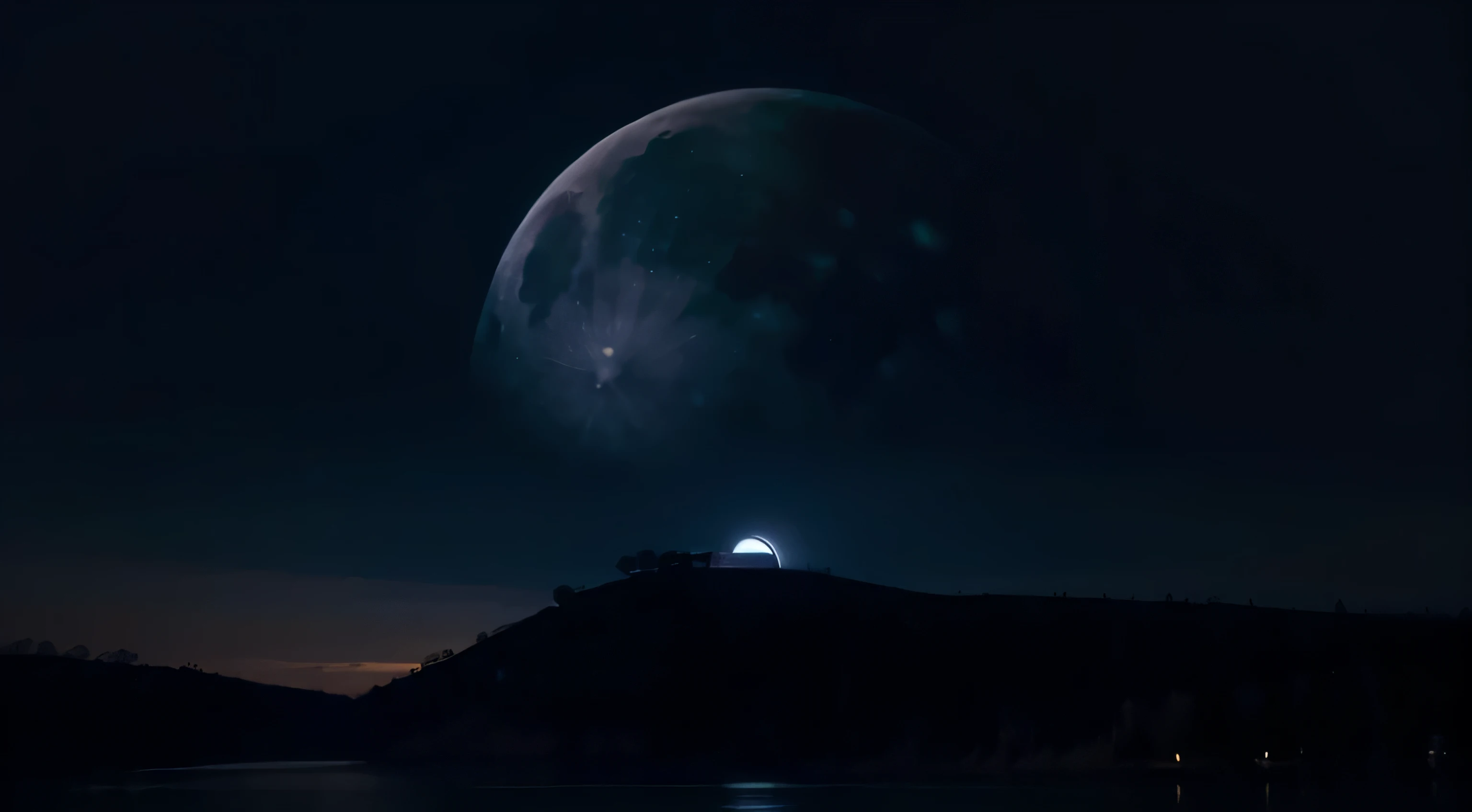 Create an AI-generated artwork featuring a serene night scene with a prominent moon, using predominantly blue and orange hues to evoke a sense of tranquility and contrast. The composition should emphasize the beauty of the night sky and the moon's presence.