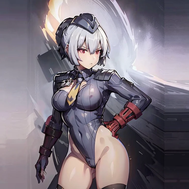ultra-detailed, Explicit, Beautiful body, Beautiful Nose, Beautiful character design, perfect eyes, perfect face, ultra highres, 4K, beautiful legs, perfect legs, Nice hands, Perfect hand, Masterpiece, Best Quality, Highly detailed, illustration, absurdres, street fighter, doll suit, shadaloo doll, dollsuit, expressionless, blank eyes, looking at viewer, red gloves, emotionless, black latex, corrution, mind control, female combatant, full body, hypnotized, unhappy trance, full body suit, ribbed bodysuit, both arms at side, obey, perfect female body, extremely glossy latex, hypnosis, hypnoLora, empty eyes, Mind control device, poses, submissive_pose, Slave, hat, necktie, stand up straight, standing, standing at attention, hat, necktie, belt, latex, ribbed bodysuit, thighhighs, garter belt, Fighting Stance, extending the right arm from the shoulder into the air with a straightened hand, nazi saluting, military, military saluting, salute, thigh boots, solo, 1girl, Transformers Megatron Girl, white hair, short hair, holding bazooka, red eyes