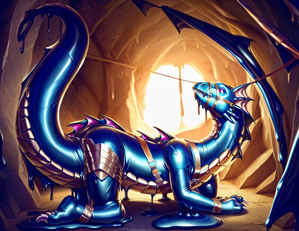 Feral dragon showing rear,stuck on wall,tapering penis, slit, thick legs,big body,solo,big ass,rear view, feets,feet wet ,(art by jellyntical, jellyntical style), explicit art