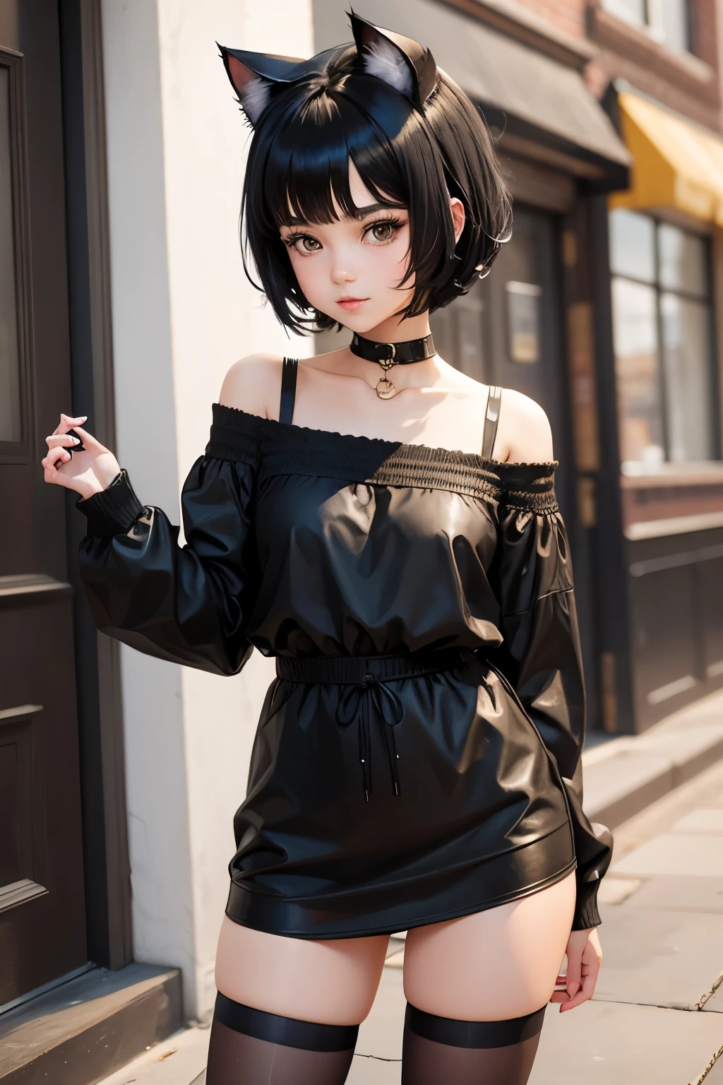 cute girl, Short black hair, Cat ears, cat tail,