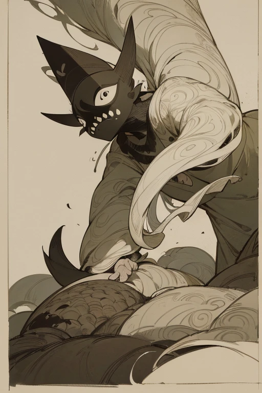 ((Chojugiga)), (Old paper style illustration), (Sumi-e), (hunting paintings), Mural style, Monochrome art, Little monster, old performance, variational pointillism, flat illustration, eerie, horror elements, eerie worldview, (primitive art), Outline warm color, old picture scroll style, old staging, Ancient mural style