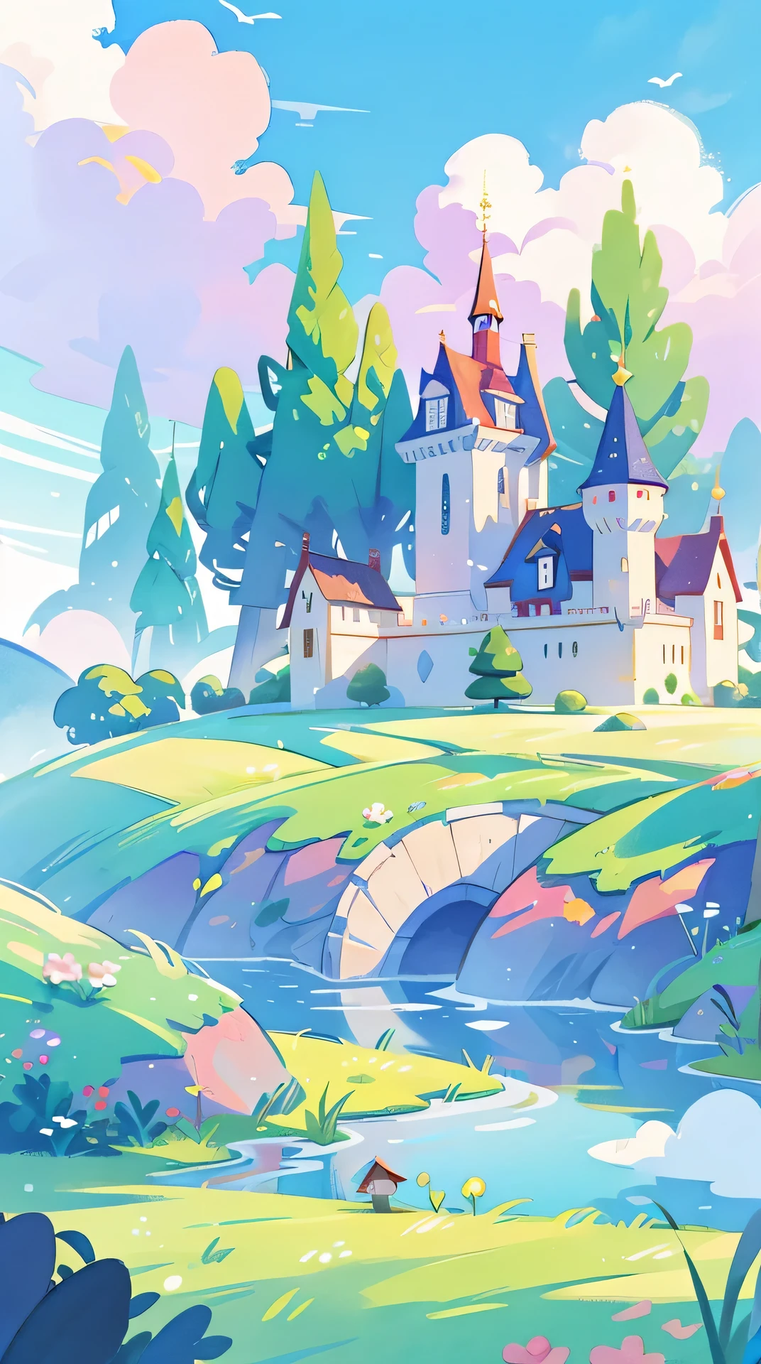 Coloring book illustration, Watercolor storybook illustration, Princess Castle, Fairy tale castle, Fairy tale tower, clouds, Vibrant pastel colors, dream, Colorful, Whimsical, magical, tmasterpiece, Best quality at best, Focus sharp, Intricately detailed environments, detailed, 8K分辨率