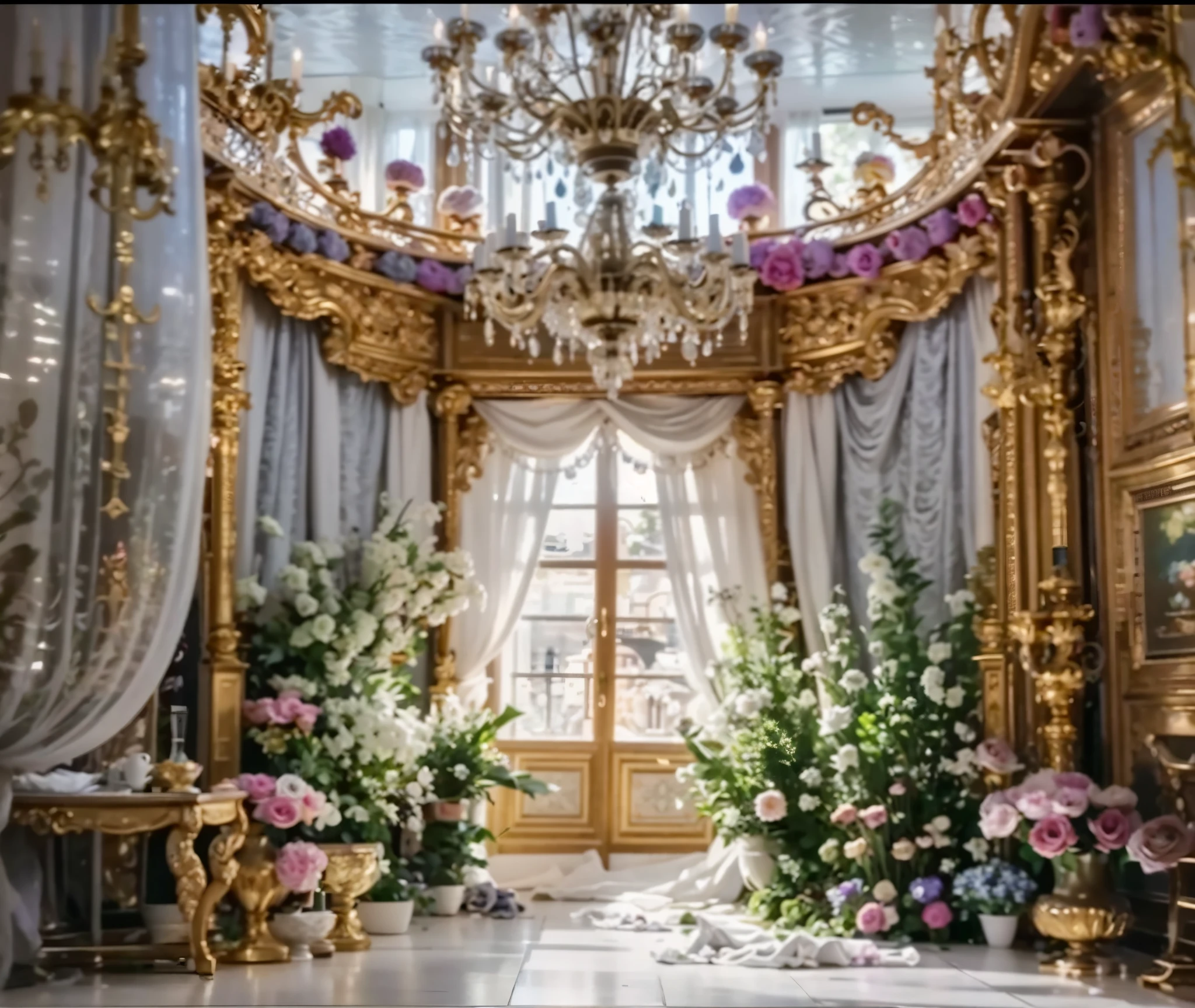 Close-up of a room with a chandelier and many flowers, RococoStyle, RococoStyle, rococo decoration, elegant and ornate, New Rococo expression style, Fantastic atmosphere and drama, Gorgeous and elegant, Luxurious rococo baroque setting, Rococo and Baroque, adornado y fluido, magnificent flower temple