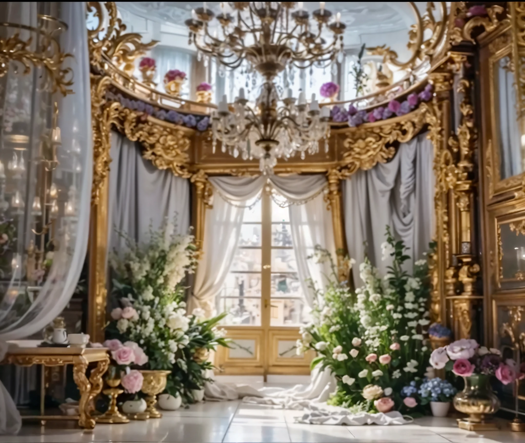 Close-up of a room with a chandelier and many flowers, RococoStyle, RococoStyle, rococo decoration, elegant and ornate, New Rococo expression style, Fantastic atmosphere and drama, Gorgeous and elegant, Luxurious rococo baroque setting, Rococo and Baroque, adornado y fluido, magnificent flower temple