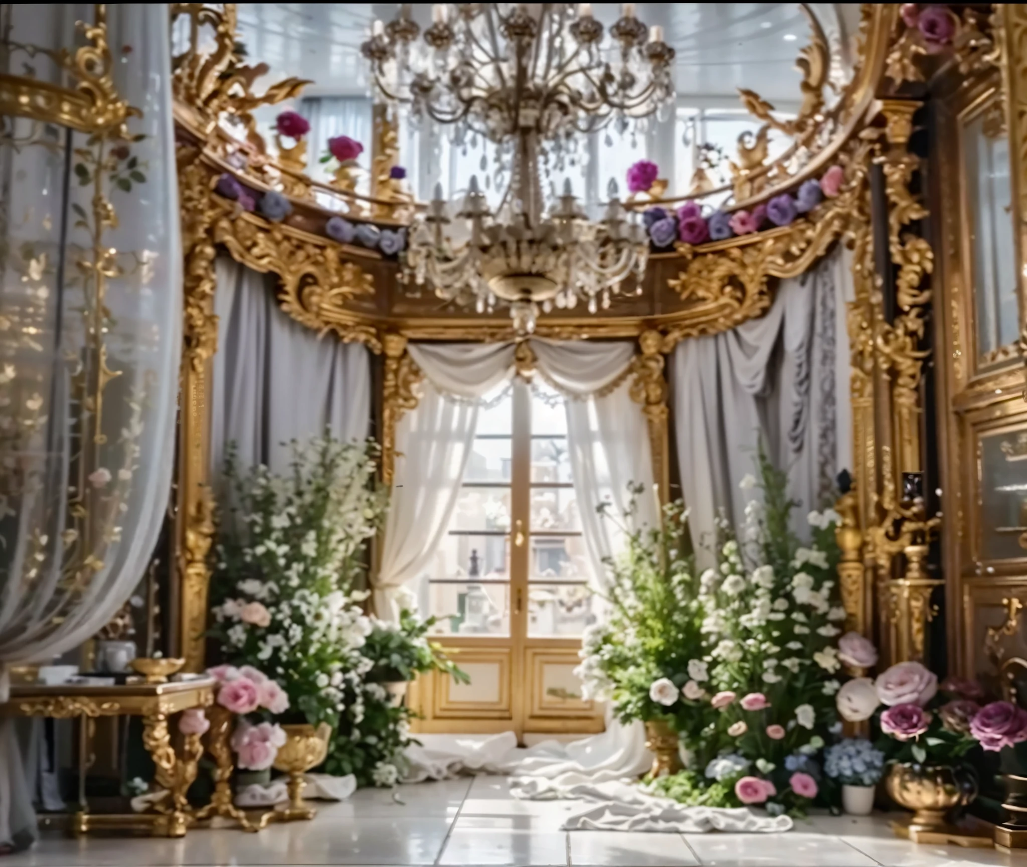 Close-up of a room with a chandelier and many flowers, RococoStyle, RococoStyle, rococo decoration, elegant and ornate, New Rococo expression style, Fantastic atmosphere and drama, Gorgeous and elegant, Luxurious rococo baroque setting, Rococo and Baroque, adornado y fluido, magnificent flower temple