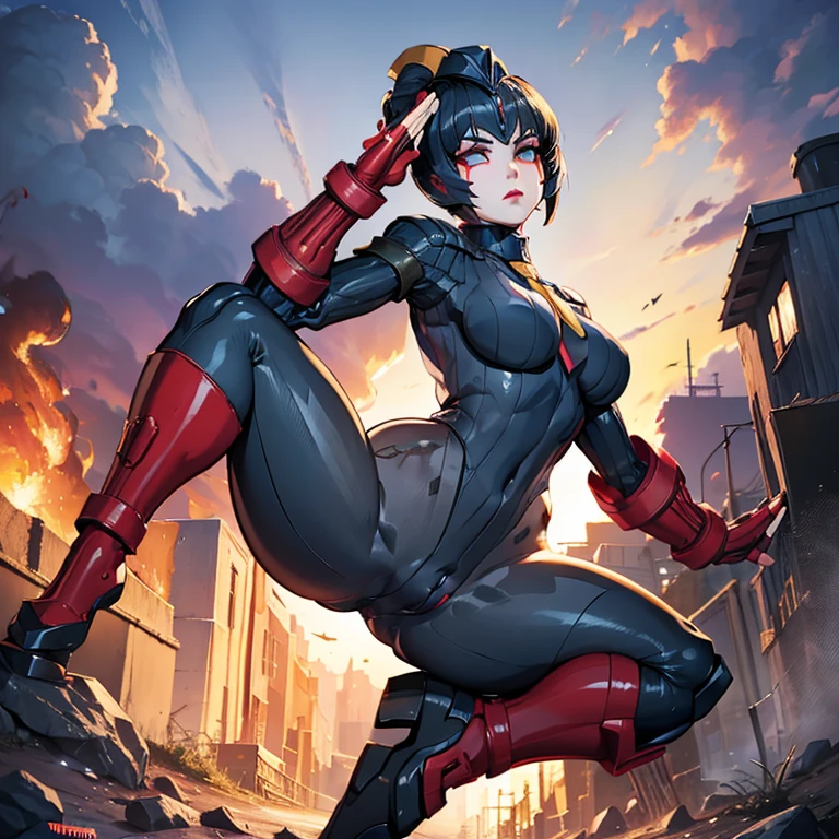 ultra-detailed, Explicit, Beautiful body, Beautiful Nose, Beautiful character design, perfect eyes, perfect face, ultra highres, 4K, beautiful legs, perfect legs, Nice hands, Perfect hand, Masterpiece, Best Quality, Highly detailed, illustration, absurdres, street fighter, doll suit, shadaloo doll, dollsuit, expressionless, blank eyes, looking at viewer, red gloves, emotionless, black latex, corrution, mind control, female combatant, full body, hypnotized, unhappy trance, full body suit, ribbed bodysuit, both arms at side, obey, perfect female body, extremely glossy latex, hypnosis, hypnoLora, empty eyes, Mind control device, poses, submissive_pose, Slave, hat, necktie, stand up straight, standing, standing at attention, hat, necktie, belt, latex, ribbed bodysuit, thighhighs, garter belt, Fighting Stance, extending the right arm from the shoulder into the air with a straightened hand, nazi saluting, military, military saluting, salute, thigh boots, solo, 1girl, Windblade, Transformers G1, robot, mecha, glowing eyes, no_humans, autobot, wings,