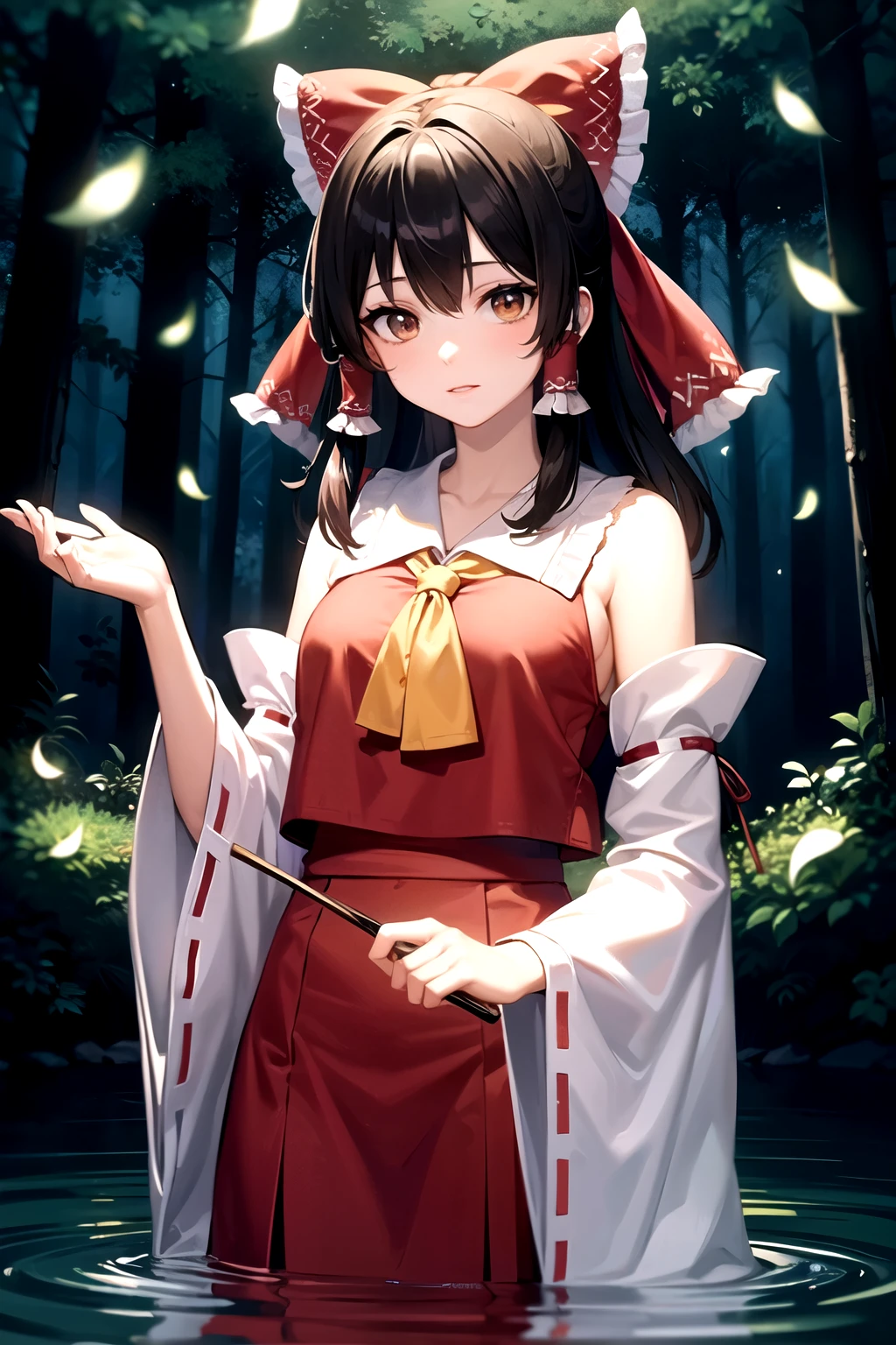 detailed background, masterpiece, best quality, 1girl, hakurei reimu, brown hair, hair tubes, hair ribbon, brown eyes, nontraditional miko, a forest full of purple and white trees, fireflies, water, purple theme, white theme, mystical, magical,
white hair