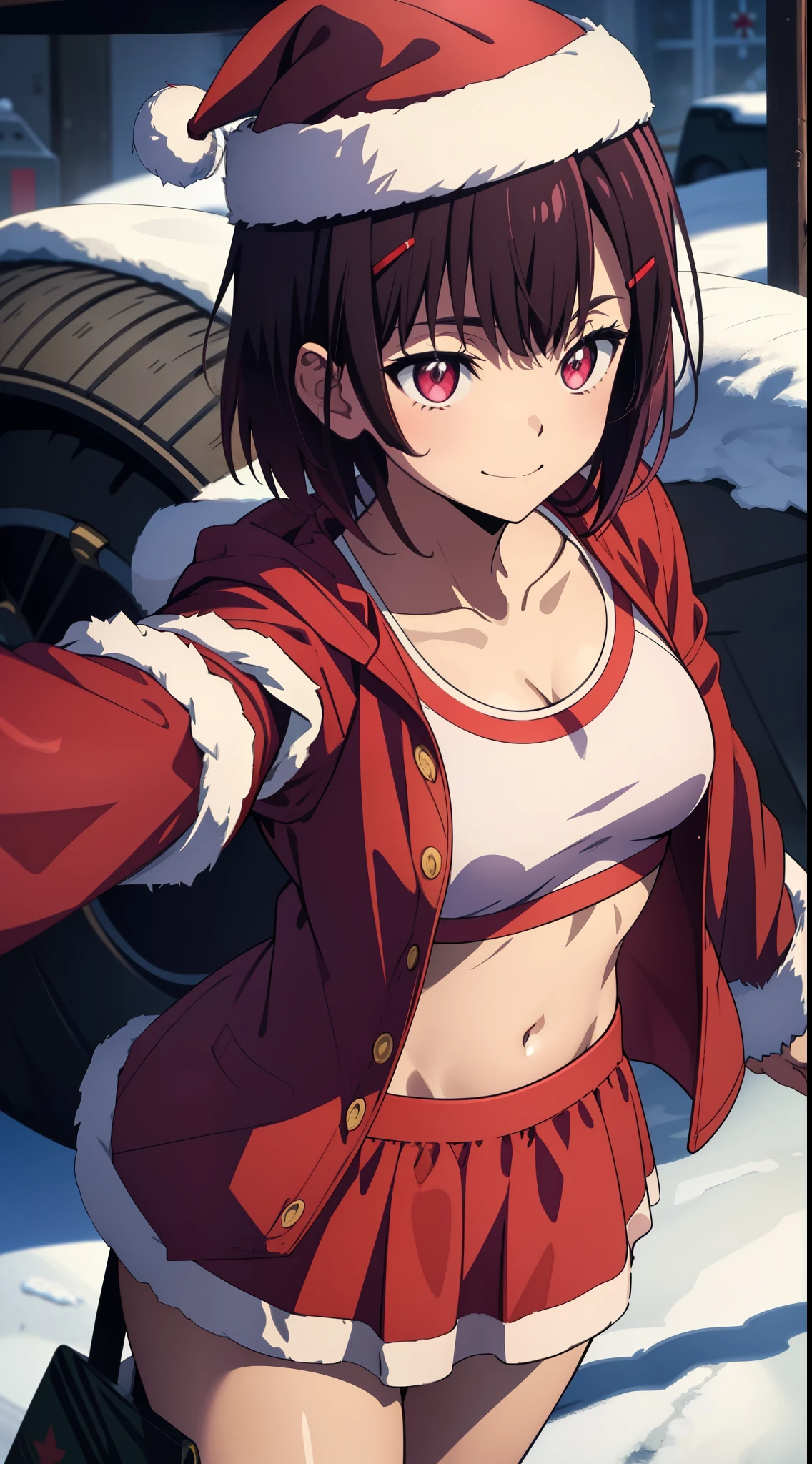 (masterpiece, best quality), intricate details, shizukazom100, 1girl, short hair, dark purple hair, bangs, hair ornament, hairclip, pink eyes, white pupils, medium breasts, collarbone, (santa hat), ((santa sweatshirt, santa skirt, santa outfit)), navel, midriff, smile, closed mouth, ((winter city background), zombies on background)