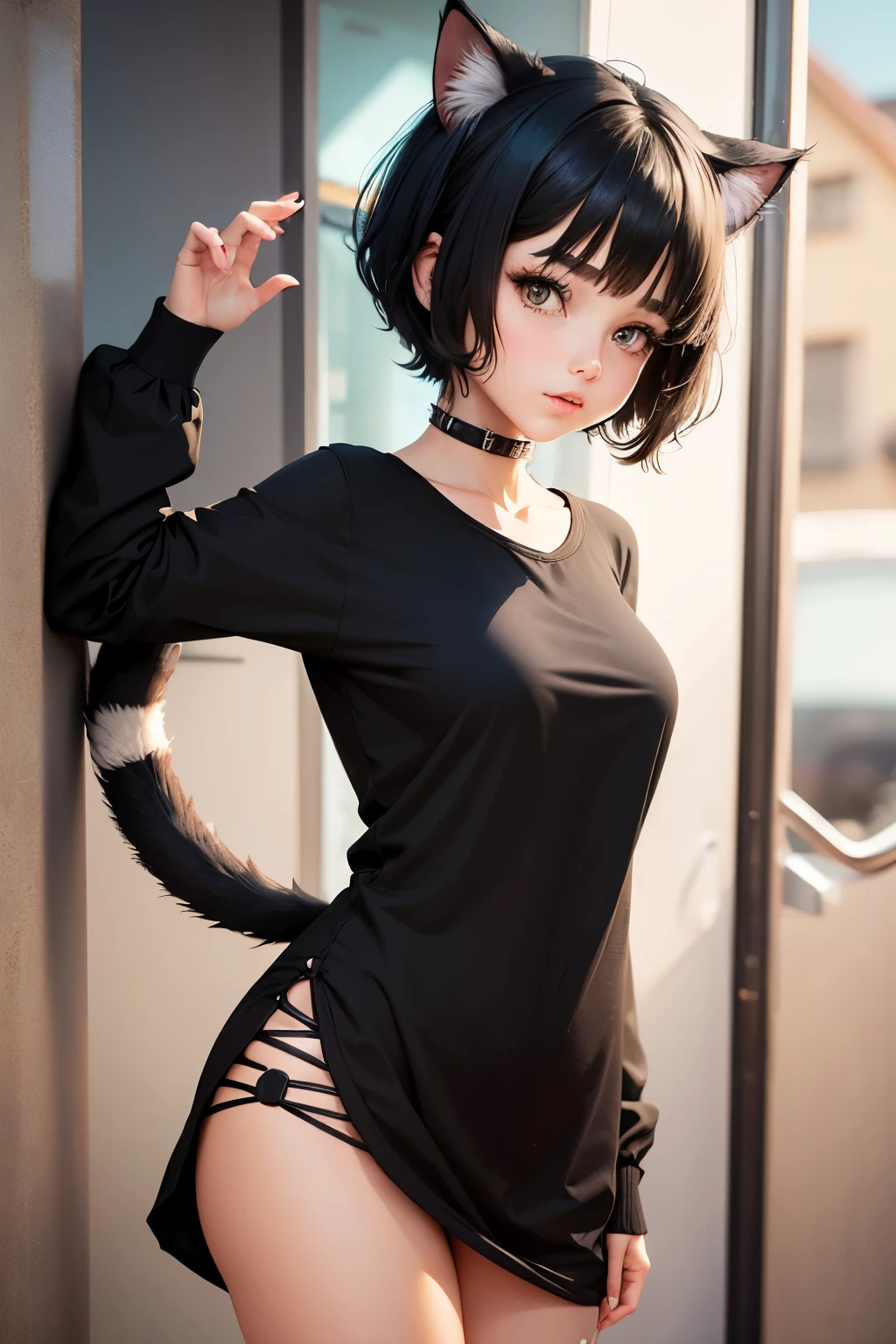 cute girl, Short black hair, Cat ears, cat tail,
