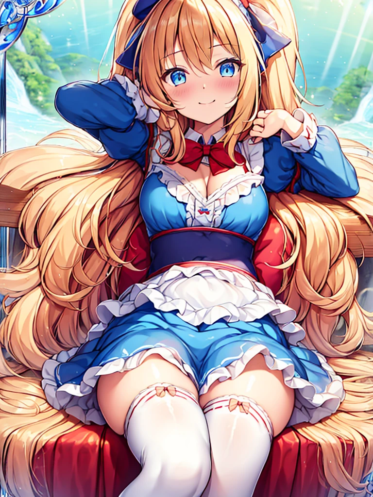 1girl in, (No Panties),(OPEN twat), length hair, blue eyess, blonde hair, diadems, sitting on, I don't wear any underwear、A pose where you can be seen from below、Spreading legs with both hands、full view, doress, the bow, The card, pinafore, shairband, PlayingCards, looking at the viewers, shortsleeves, the bow of the hair, blue hairband, a smile, red blush, hand on own face, blue dress, alice(alice in Wonderland), hair between eye, a chair, Black pantyhose, blue the bow, a throne, puffy sleeves, Put your hand on your cheek, bangss, apron dress, shortsleeves, bow ribbon、very long hair、mini crown、foot out of frame、frilld、white pinafore、:q、masterpiece、top-quality、((lifted skirt、Pussy、camel's toe)))、SEX、NFSW、anus,