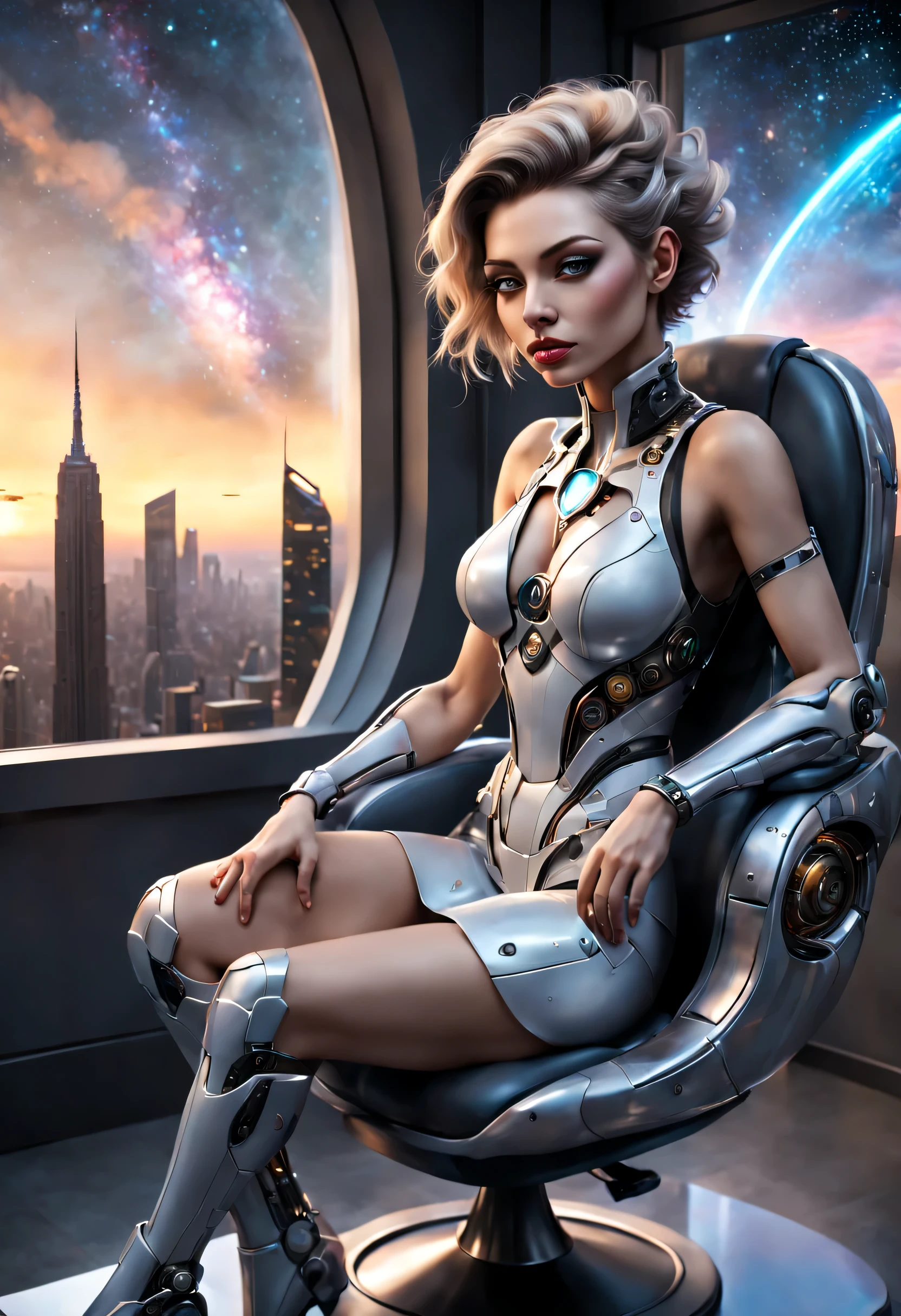 A very pretty biomechanic woman textured, very detailed and textured, she is sitting in a stylized and futuristic armchair. Behind her a large window gives a view of a mega city of the future, and a magnificent sunset is visible. We also see clouds of multicolored stars and the Milky Way