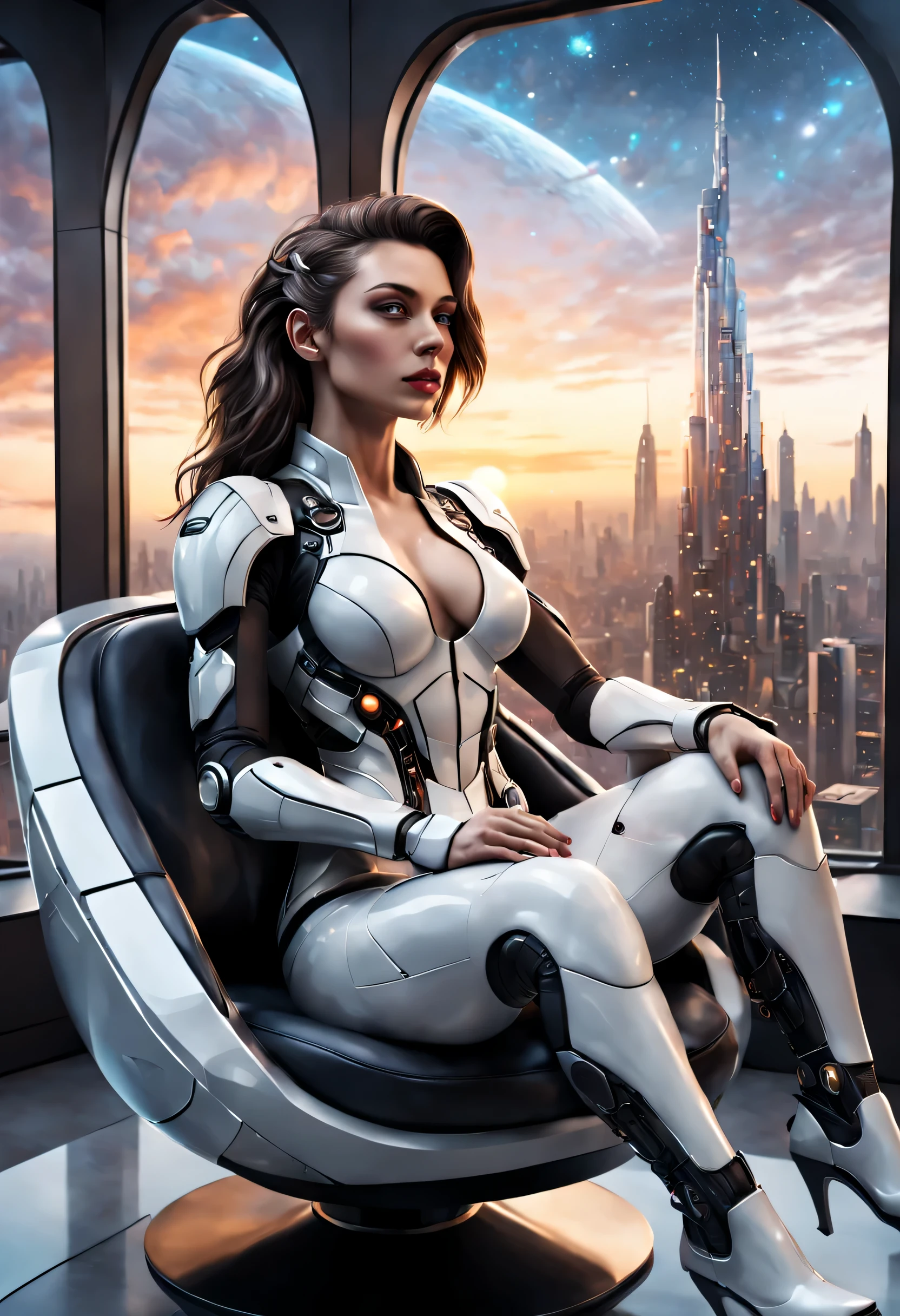 A very pretty biomechanic realistic woman, very detailed and textured, she is sitting in a stylized and futuristic armchair. Behind her a large window gives a view of a mega city of the future, and a magnificent sunset is visible. We also see clouds of multicolored stars and the Milky Way