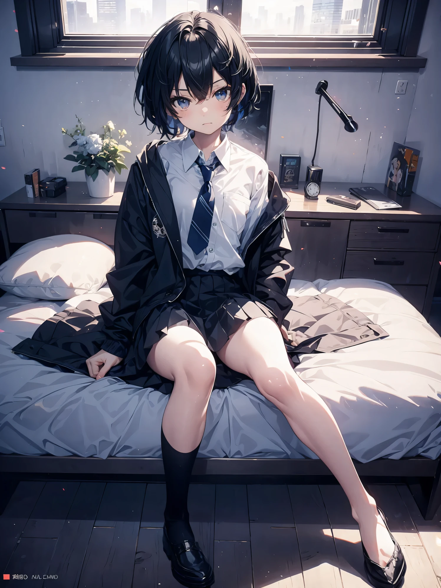 Anime girl sitting on a bed in a room with a window - SeaArt AI