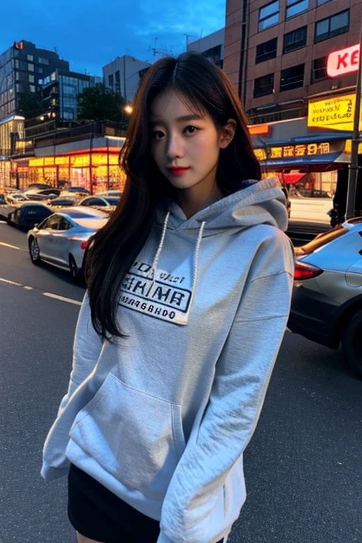 Uji Film XT3, 8K,close up photograph, tmasterpiece, Best quality at best, (((1 girl))), Alone,actual, ((looking at viewert)), Photo realistic txt extremely detailed face), looking at viewert, ((ultra - detailed的眼睛和瞳孔)), ultra - detailed, serious expressions, ((Stand on the city streets at night)), hoody, longer sleeves, (Place your arms behind your back),