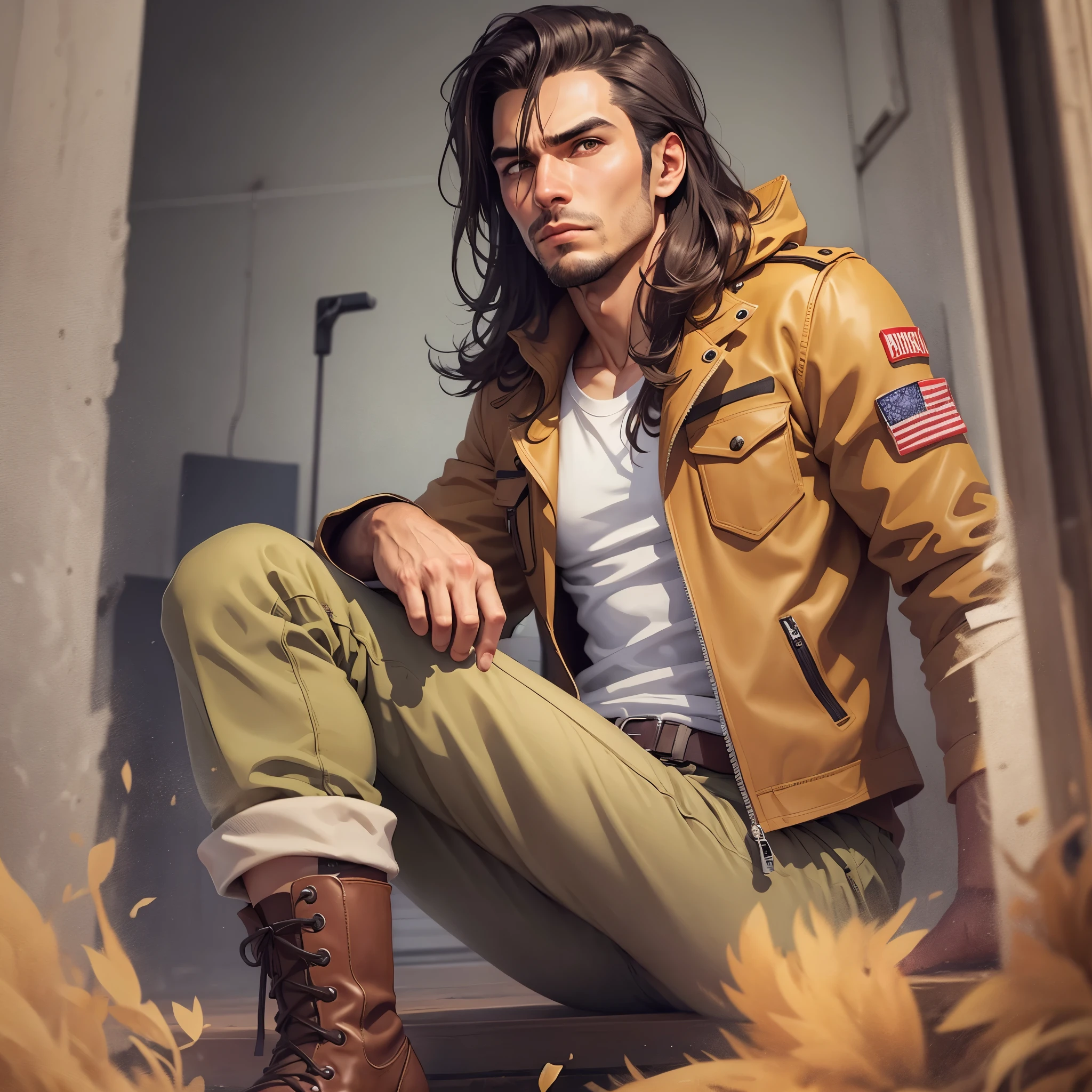 A Mid-30s men, with a determined expression. Long, tousled brown hair, wearing practical khaki pants, a fitted leather jacket, and sturdy boots suitable for archaeological expeditions. In American modern Comic Style --auto --s2