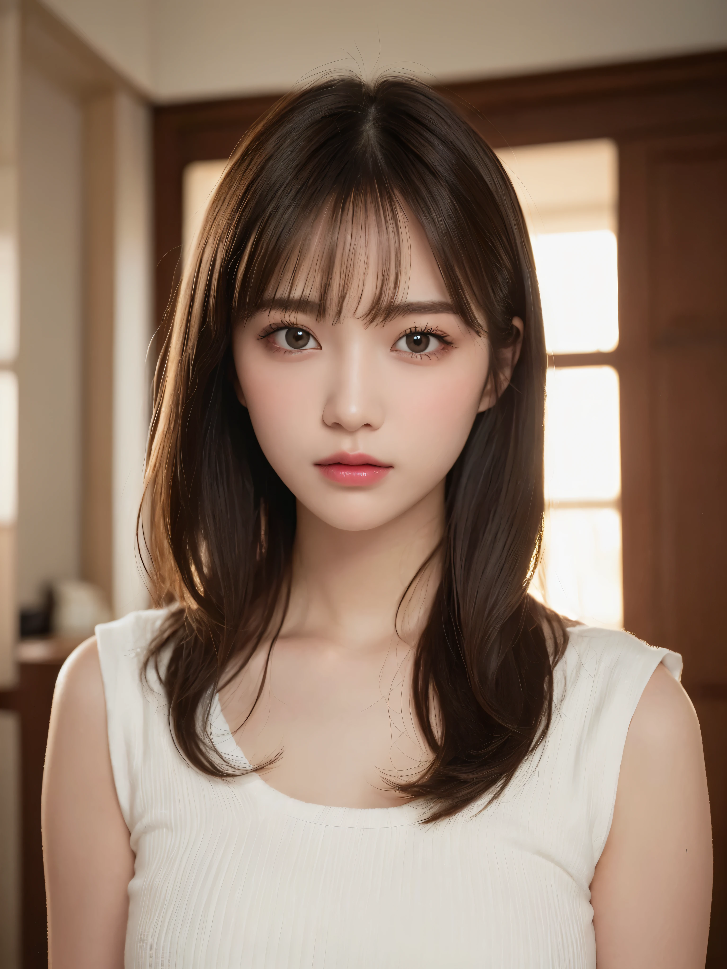 ((NSFW))、(​masterpiece:1.5)、(8K)、(Photorealsitic:1.5)、Raw photography、(Top image quality:1.4)、(foco nítido:1.5)、 top-quality、​masterpiece、超A high resolution、Photograph the whole body、Perfect dynamic composition、 20 years old、slender、In the living room、prety woman:1.4、serious facial expression、 Wearing a long white dress、 light brown hair、Hairstyle is straight long、Glowing hair、 Super Detail Face、A detailed eye、二重まぶた、 Natural Color Lip、Transparent skin、