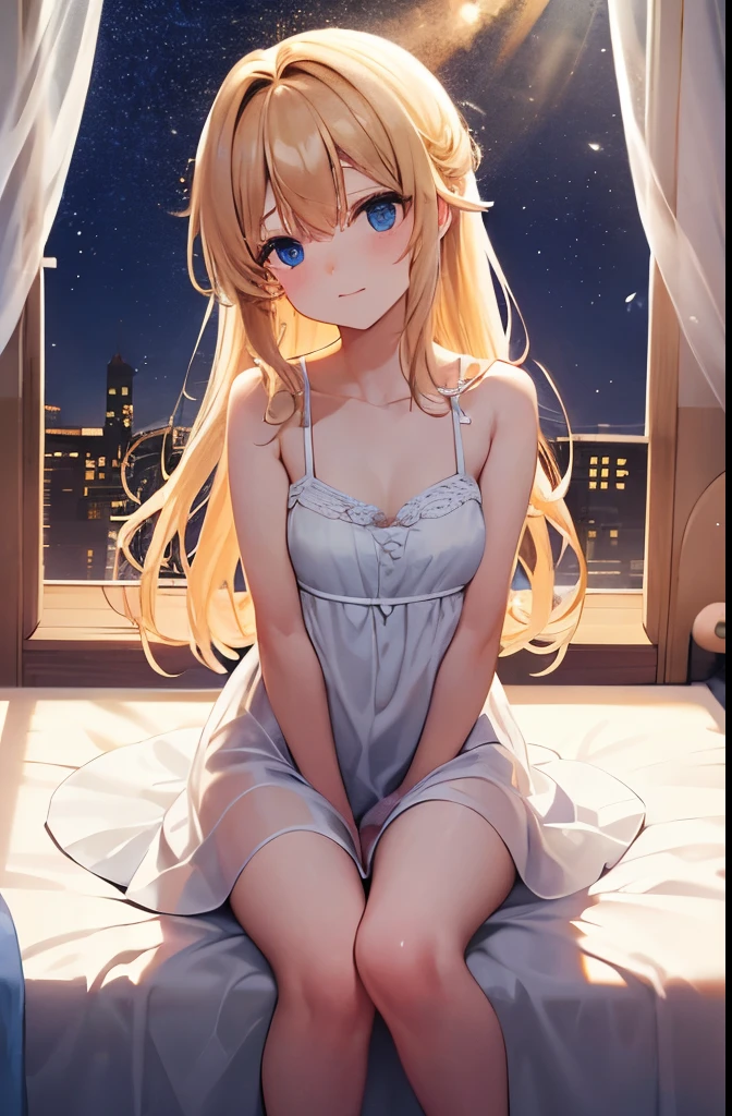 two sweet angels in a room, room, soft light, you see through the window the starry sky